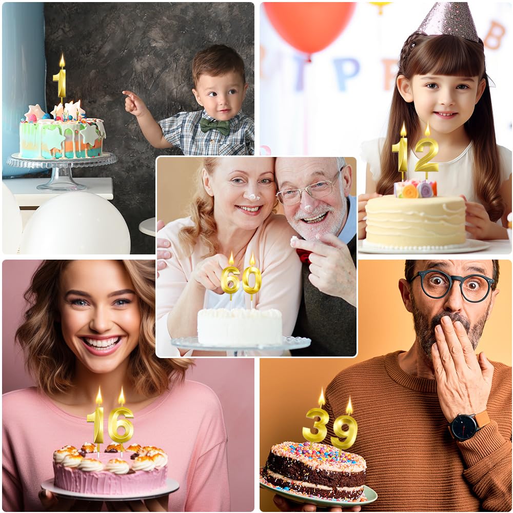 60th Birthday Number Candles - Gold Cake Topper Decoration for Birthday Party, Wedding & Anniversary Celebrations | Elegant Number Candles for Cakes, Cupcakes & Desserts