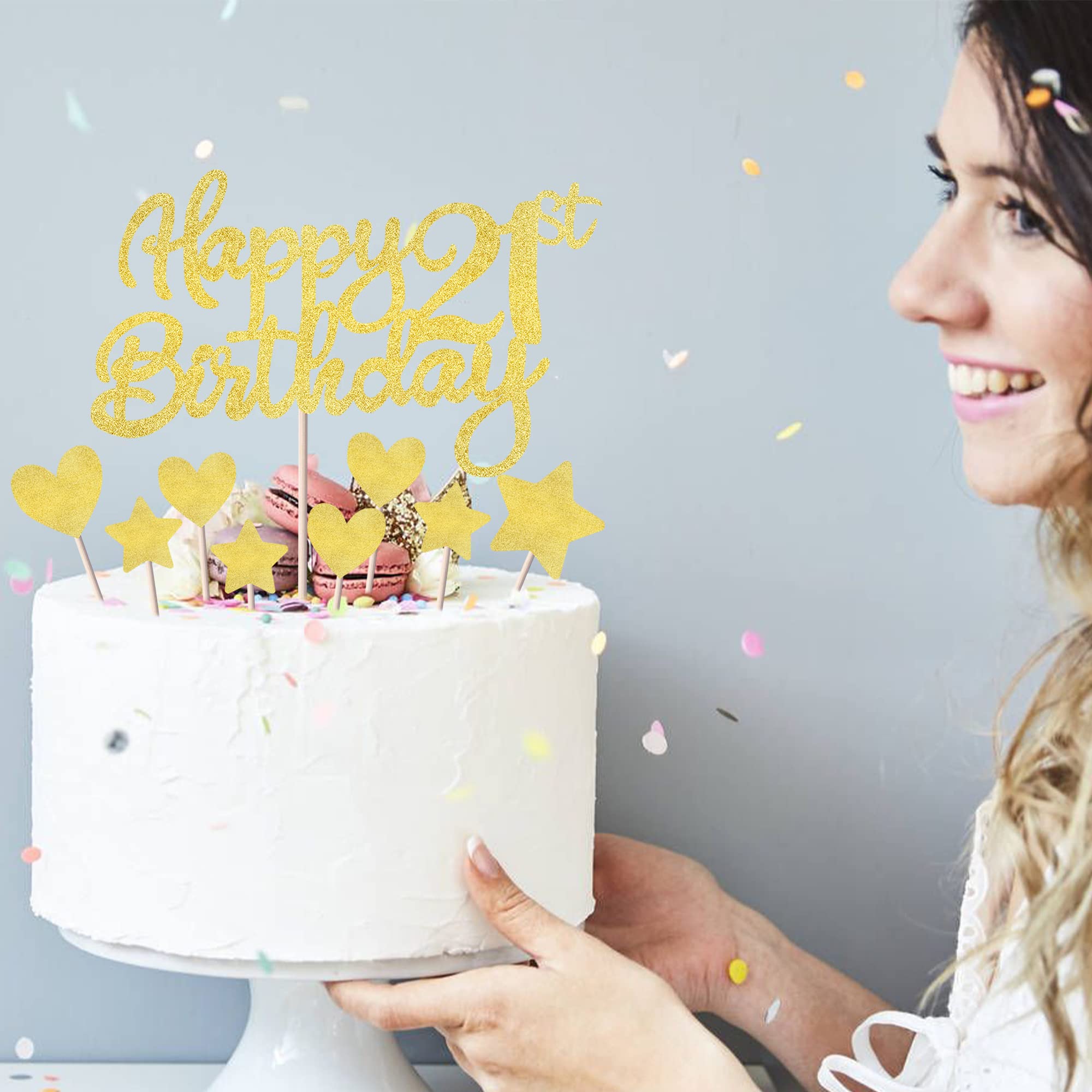 Rsstarxi 9 Pack Happy 21st Birthday Cake Toppers Set - Glitter Heart & Star Cupcake Toppers, Cheers to 21 Years Cake Picks Decorations for 21st Birthday Party | Perfect for Anniversary Celebrations, Milestone Parties & Festive Gatherings
