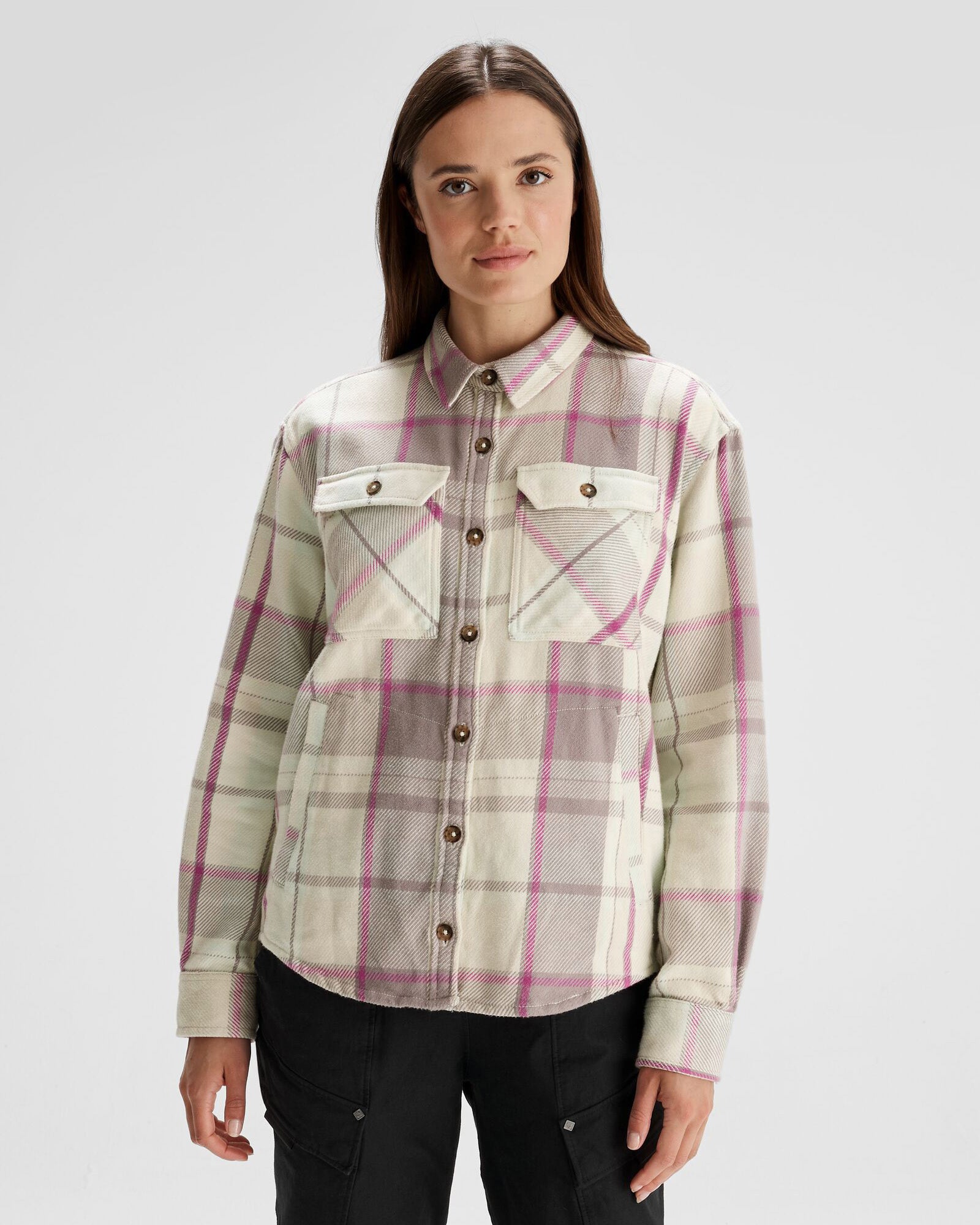 Women's Huntly Long Sleeve Plaid Shirt - Soft Flannel Button Down Top with Mushroom Print for Fall & Winter, Perfect for Cabin Retreats, Camping and Outdoor Adventures