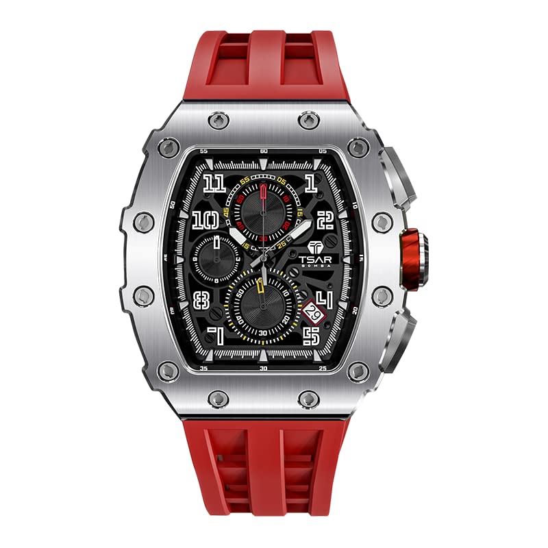 TSAR BOMBA Luxury Men's Watch - Tonneau Sapphire Crystal Japanese Quartz Chronograph - 50M Water Resistant Rubber Strap Luminous Diver Watch - Perfect Gift for Him - Ideal for Business, Diving & Formal Occasions