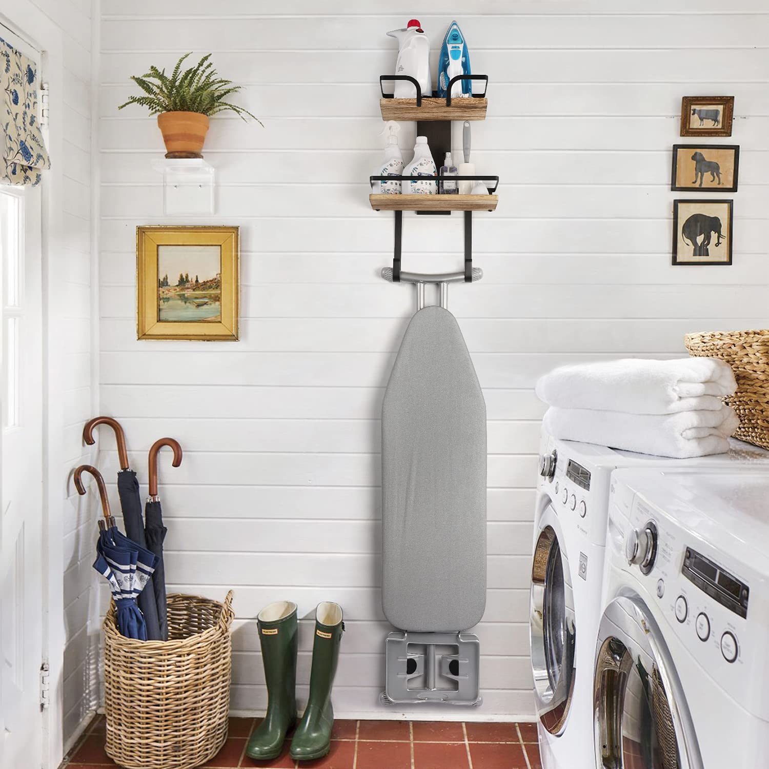 VINAEMO Wall Mount Ironing Board Hanger - 2-Layer Iron & Ironing Board Holder with Removable Hooks, Solid Wood Laundry Room Storage Shelf for Home Organization - Perfect for Small Spaces & Closet Storage