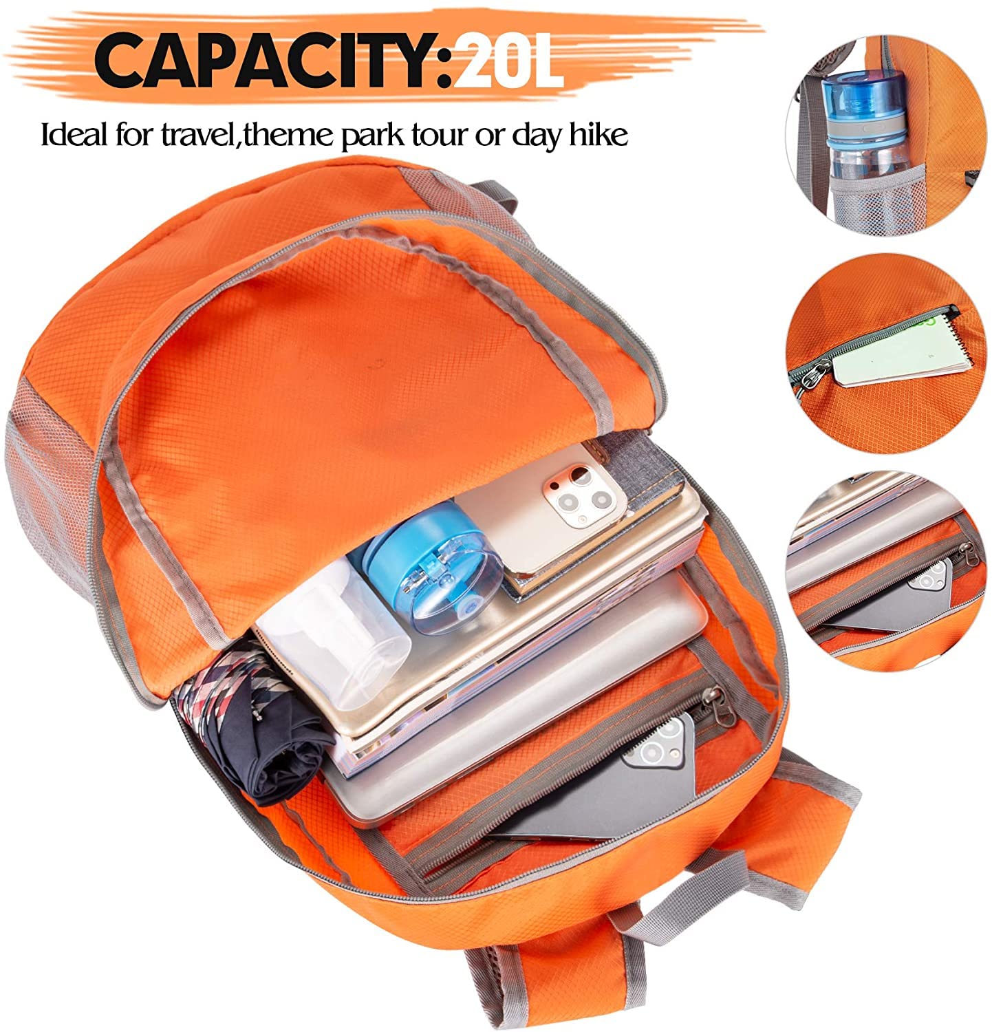 Ultra Lightweight Hiking Backpack - Water Resistant Compact Daypack for Women & Men, Foldable Travel Backpack (Orange) | Perfect for Outdoor Adventures, Camping, Hiking & Daily Commute