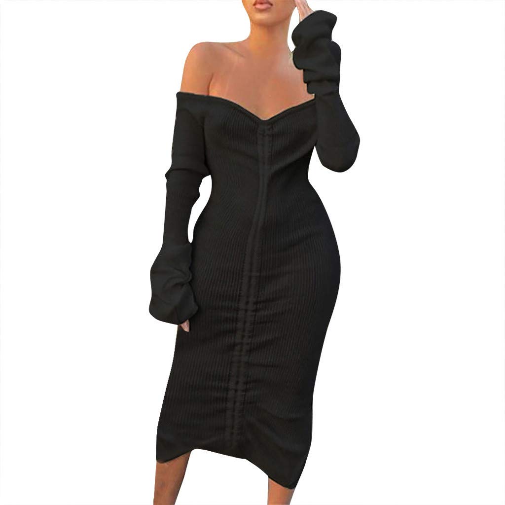 Twoker Women's Sexy Off-Shoulder Long Sleeve Bandage Dress with Drawstring Waist - Junior Plus Size Bodycon Party Dress for Night Out, Clubwear & Special Occasions