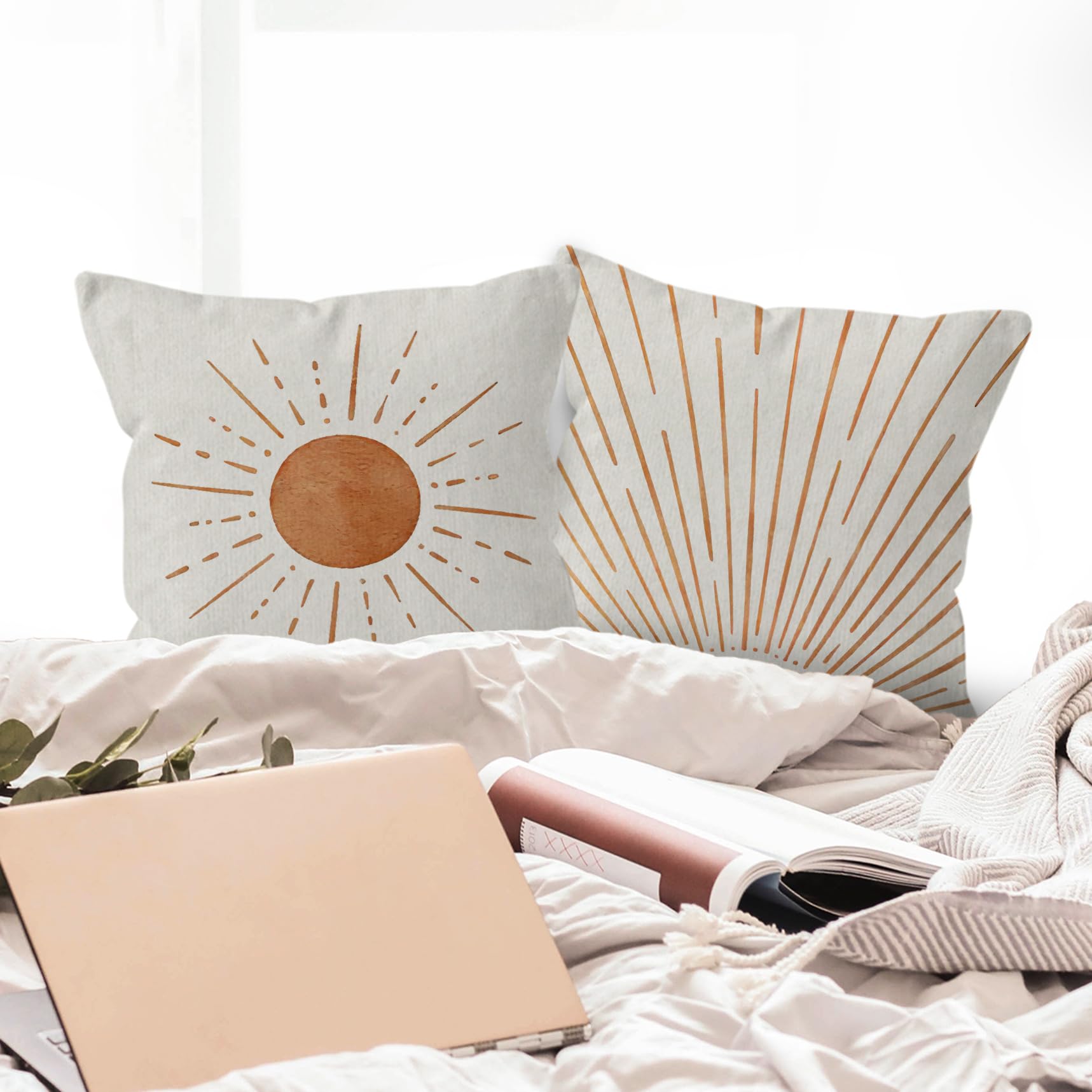 Boho Sun Throw Pillow Covers 18x18 Set of 2 - Orange Bohemian Decorative Pillows for Couch, Bed & Home Decor - Soft Sunshine Design for Living Room, Nursery & Bohemian Style Spaces