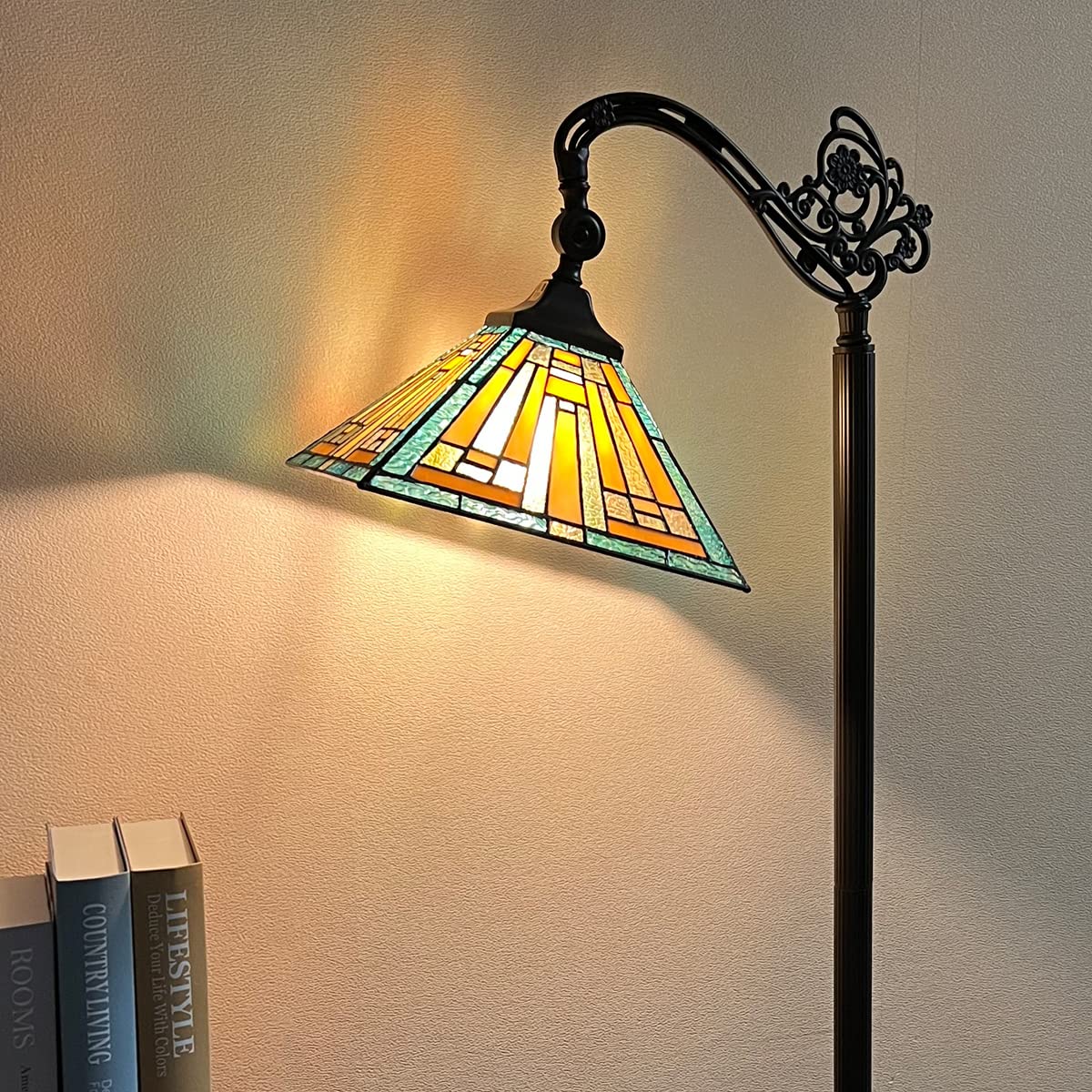 Vintage Tiffany Stained Glass Gooseneck Floor Lamp - Adjustable Reading Light for Living Room, Bedroom & Home Office - Antique Mission Style Standing Lamp with Warm Ambient Lighting for Cozy Reading Nooks & Study Areas