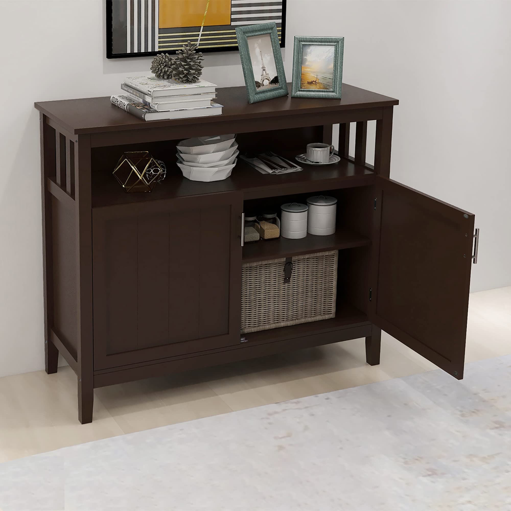 Goujxcy 40in Brown Kitchen Storage Sideboard with 2 Doors, Adjustable Shelf, Free Standing Buffet Cabinet for Dining Room, Living Room, and Home Office Organization
