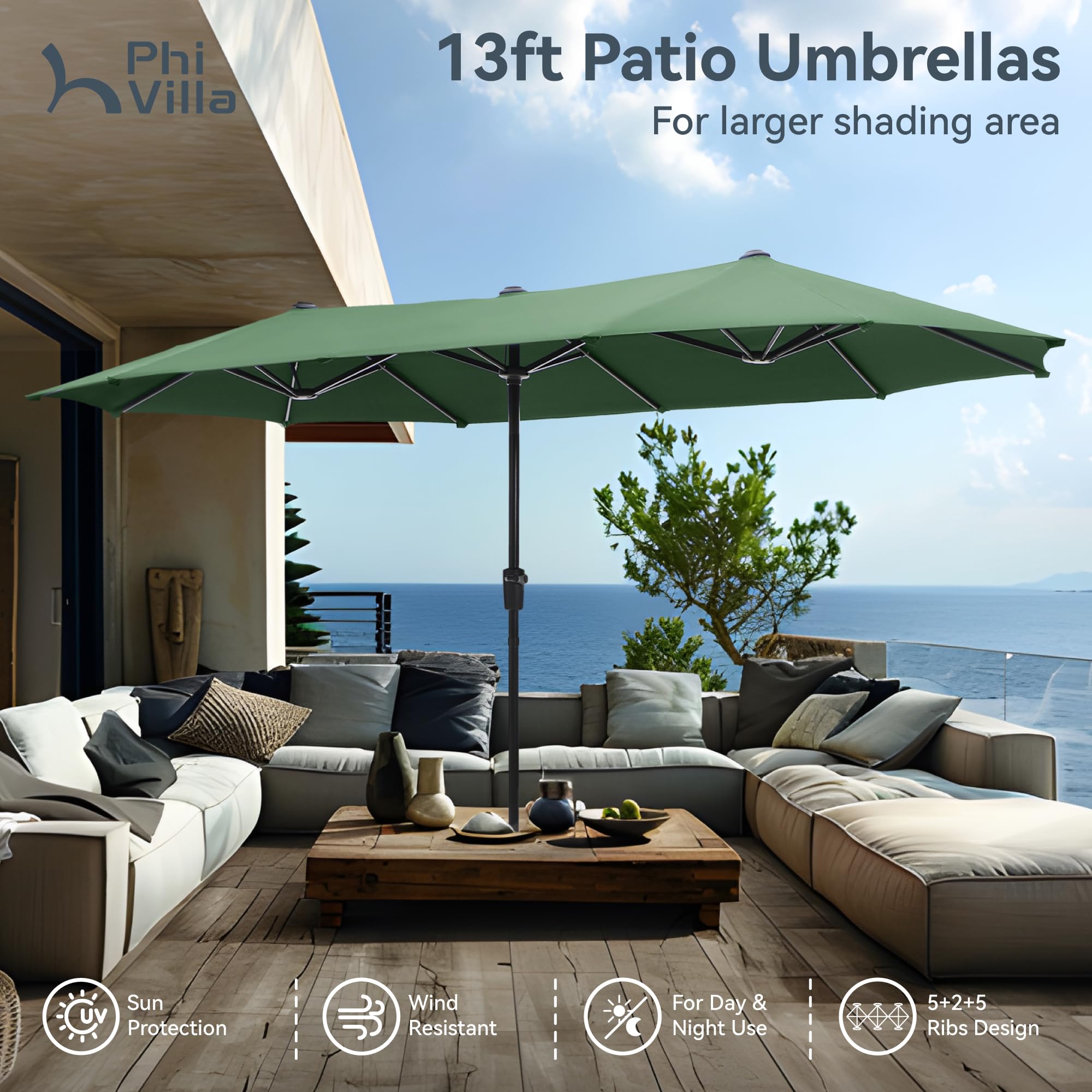 PHI VILLA 13ft Large Outdoor Patio Umbrella - Double-Sided Rectangle Sun Shade for Garden, Poolside & Backyard - Mint Green UV Protection Canopy for Dining & Relaxation