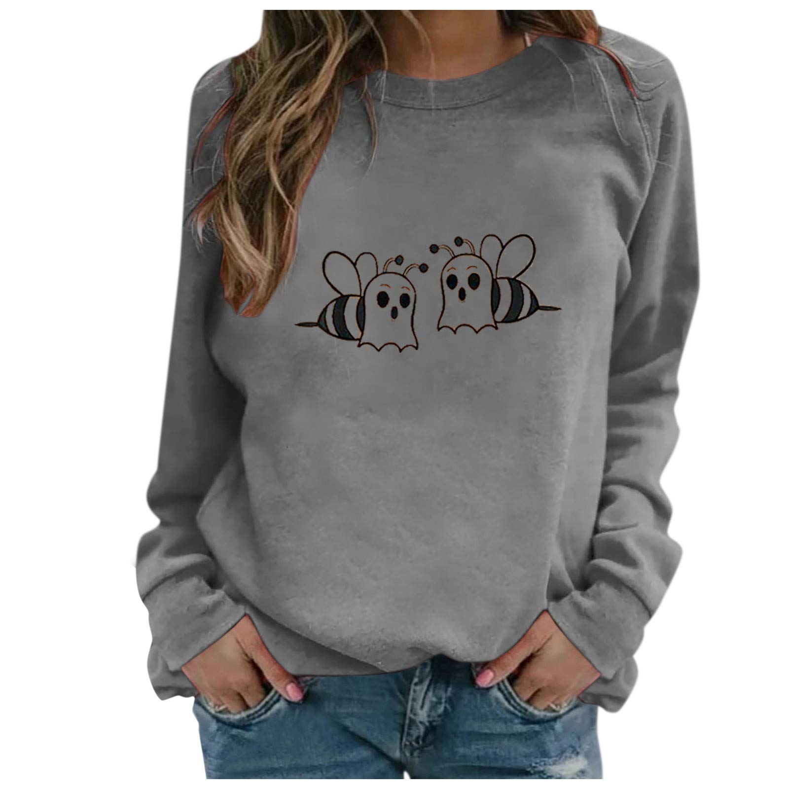 Littleice Women's Casual Bee Print Long Sleeve O-Neck Sweatshirt - Cozy Fall & Winter Blouse Tops for Everyday Wear, Office, and Outdoor Activities
