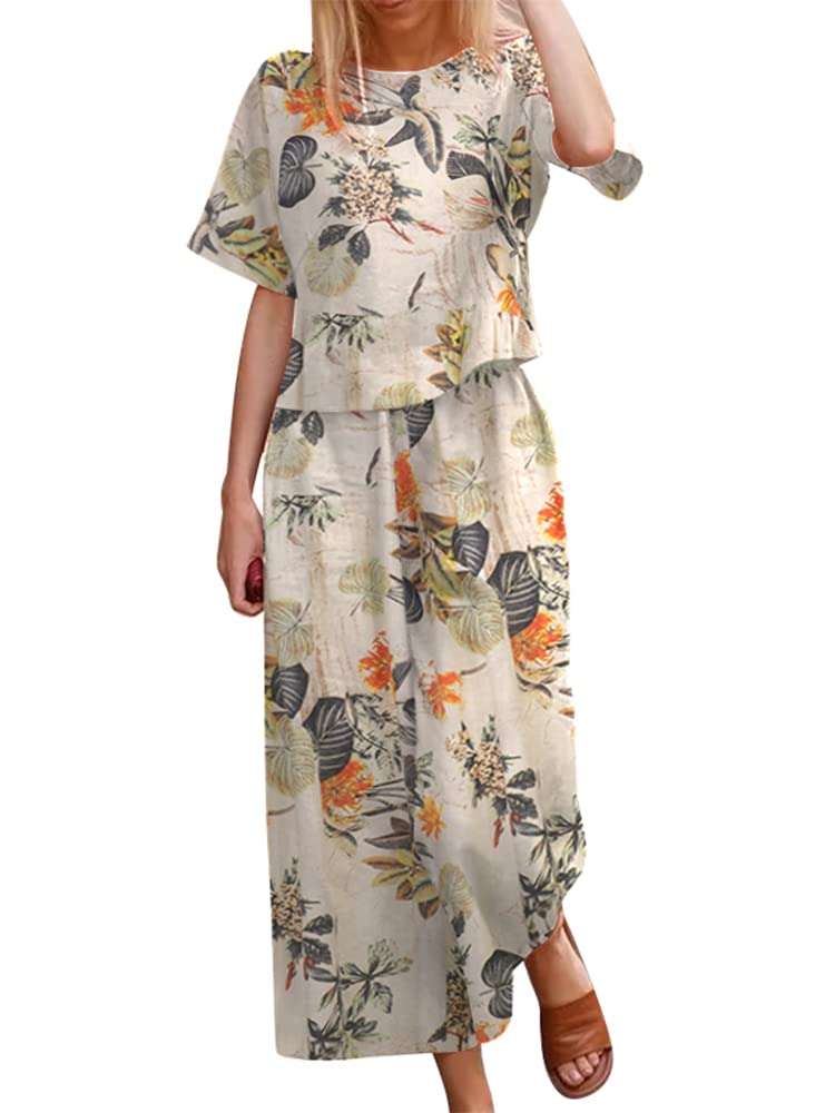 ZANZEA Women's 2 Piece Floral Outfit Set - Summer Casual Tracksuit with Wide Leg Palazzo Pants & Matching Top | Lounge Wear, Beach Cover Up, Vacation Outfit
