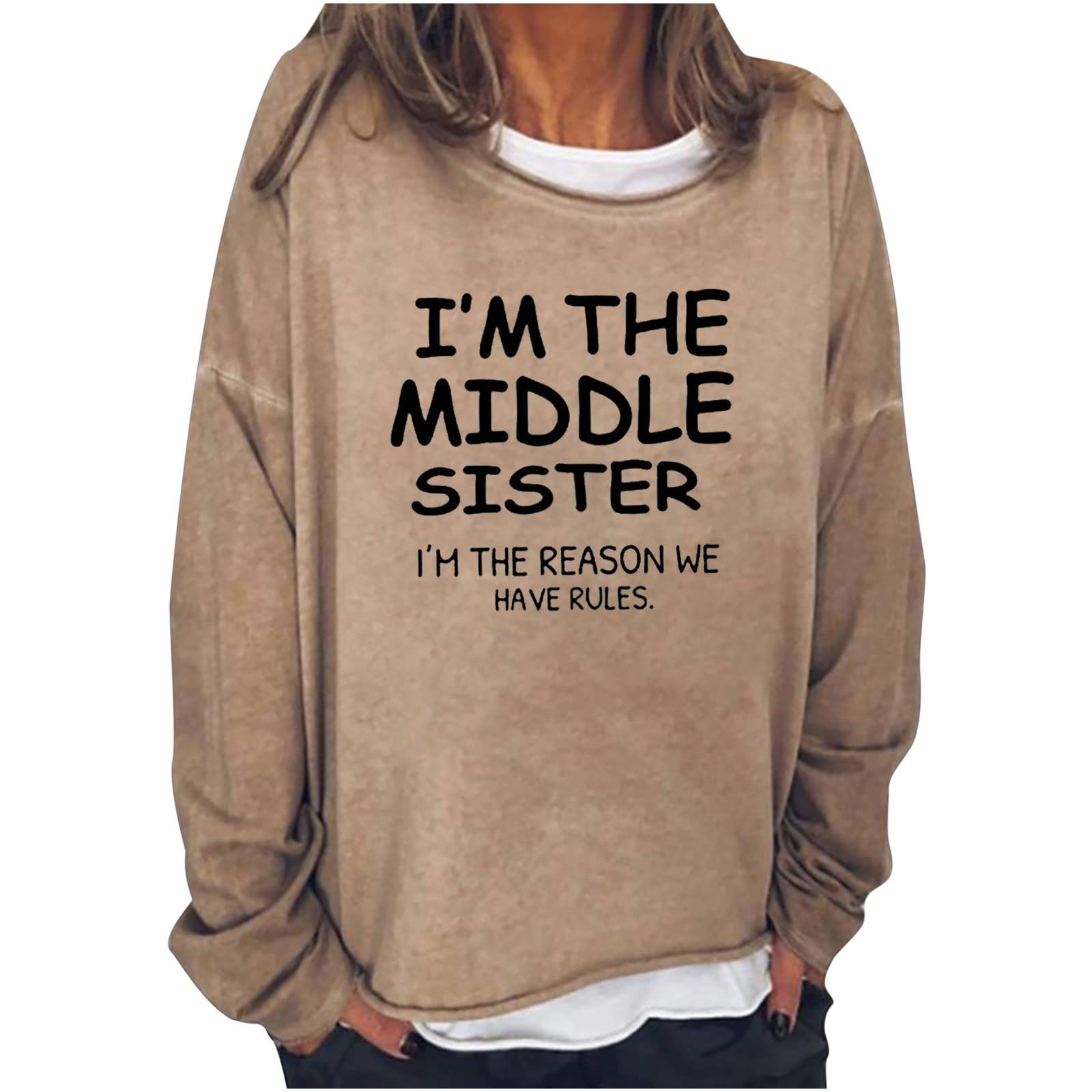 Funny Letter Print Oversized Sweatshirt for Women - Drop Shoulder Loose Fit Pullover Hoodie | 'I'm The Middle Sister' Graphic Shirt | Casual Lounge Wear, Sister Gift, Weekend Outfit