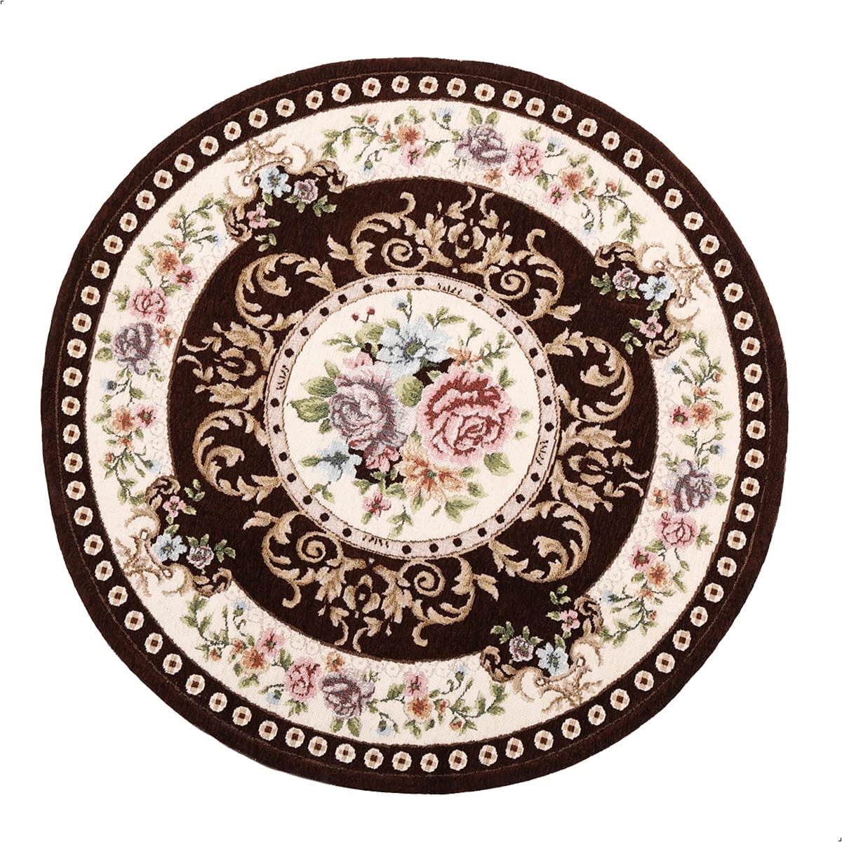 5ft Floral Round Area Rug - Non-Slip Machine Washable Traditional Rug for Living Room, Bedroom & Kitchen - Sustainable Classic Home Decor - Brown Soft Floor Mat for Cozy Interior Design