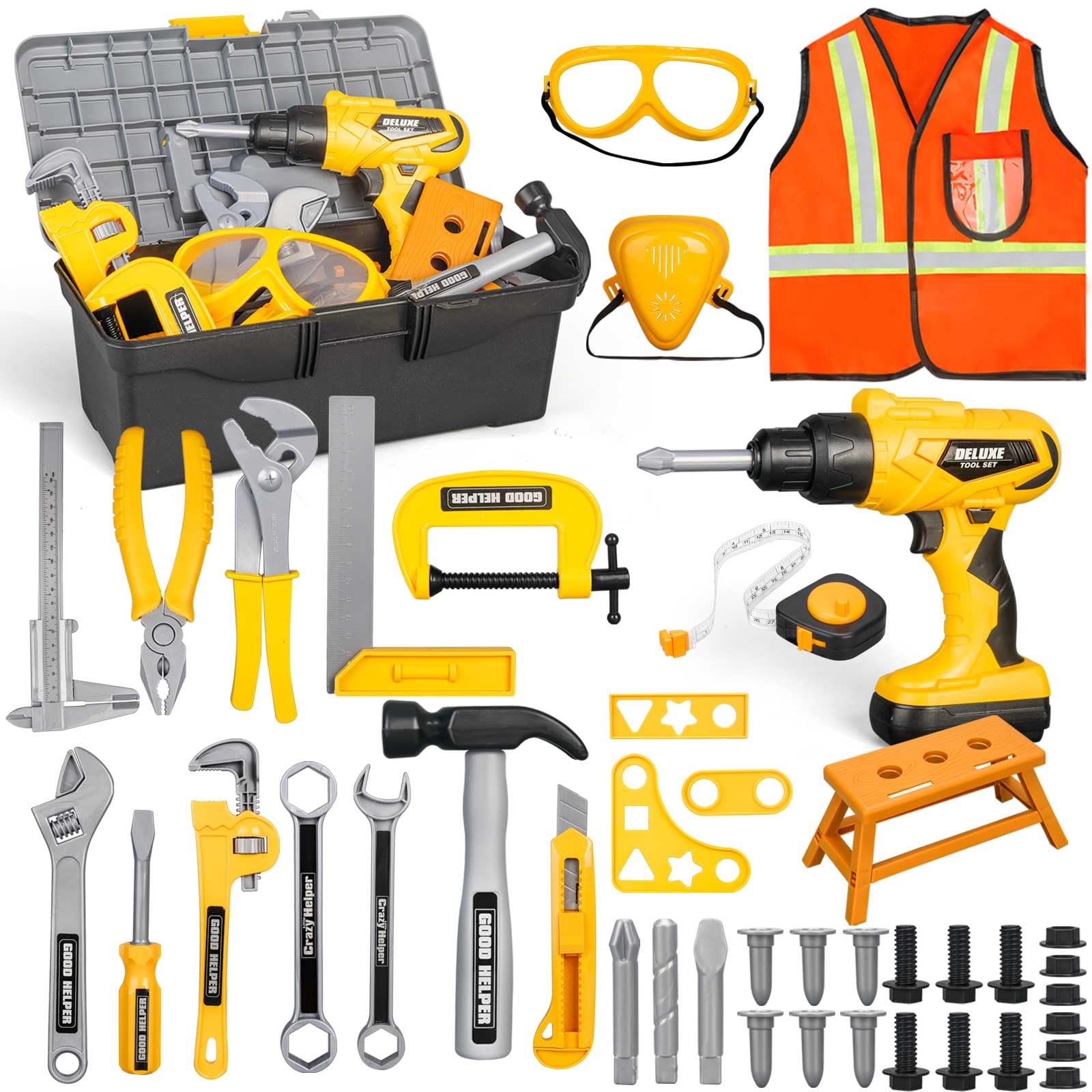 Zealous 48-Piece Kids Tool Set with Tool Box & Electronic Toy Drill - Pretend Play Construction Kit for Toddlers Ages 3-5 - Perfect for DIY Role Play & Early Learning (Yellow) - Great for Birthday Gifts & Preschool Educational Activities