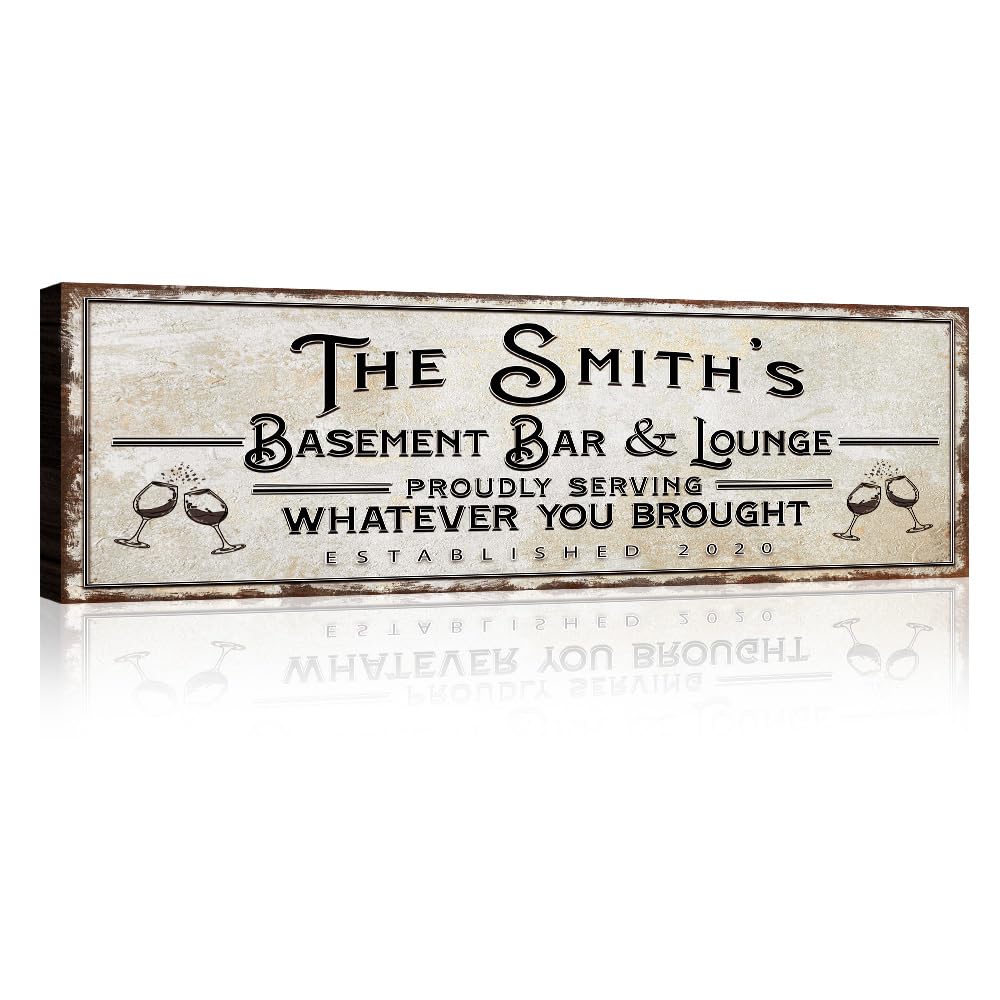 Custom Bar Sign Canvas Wall Art - Personalized Basement Bar & Lounge Decor - Rustic 48x16in Printable Sign for Man Cave, Kitchen, Pub & Diner - Perfect for Home Bars, Game Rooms & Entertaining Guests