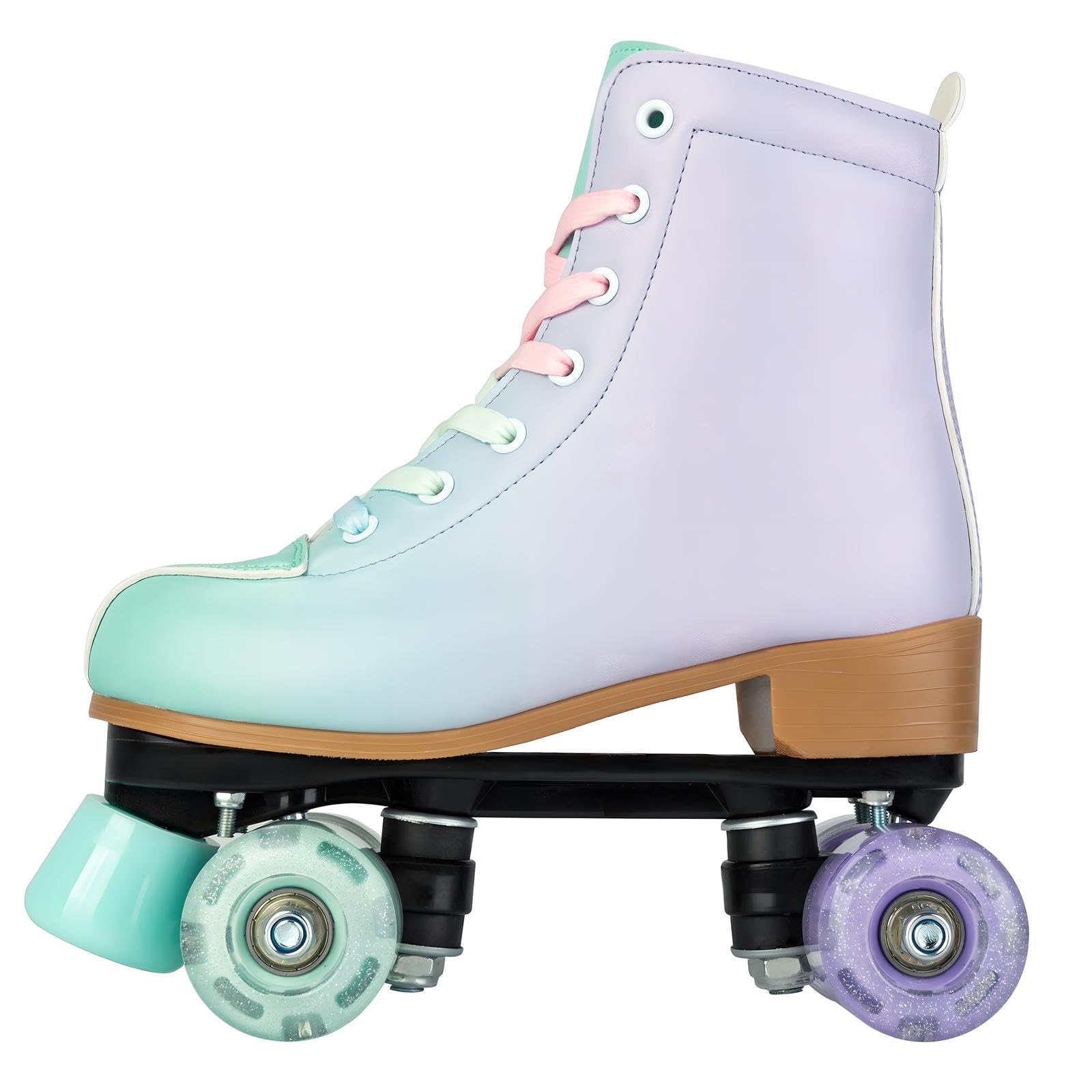PU Leather Gradient Green & Purple Roller Skates with LED Flash Wheels for Girls & Women - Indoor & Outdoor Skates for Youth Beginners Ages 8-12 - Perfect for Rink, Park, Street Skating & Birthday Gifts