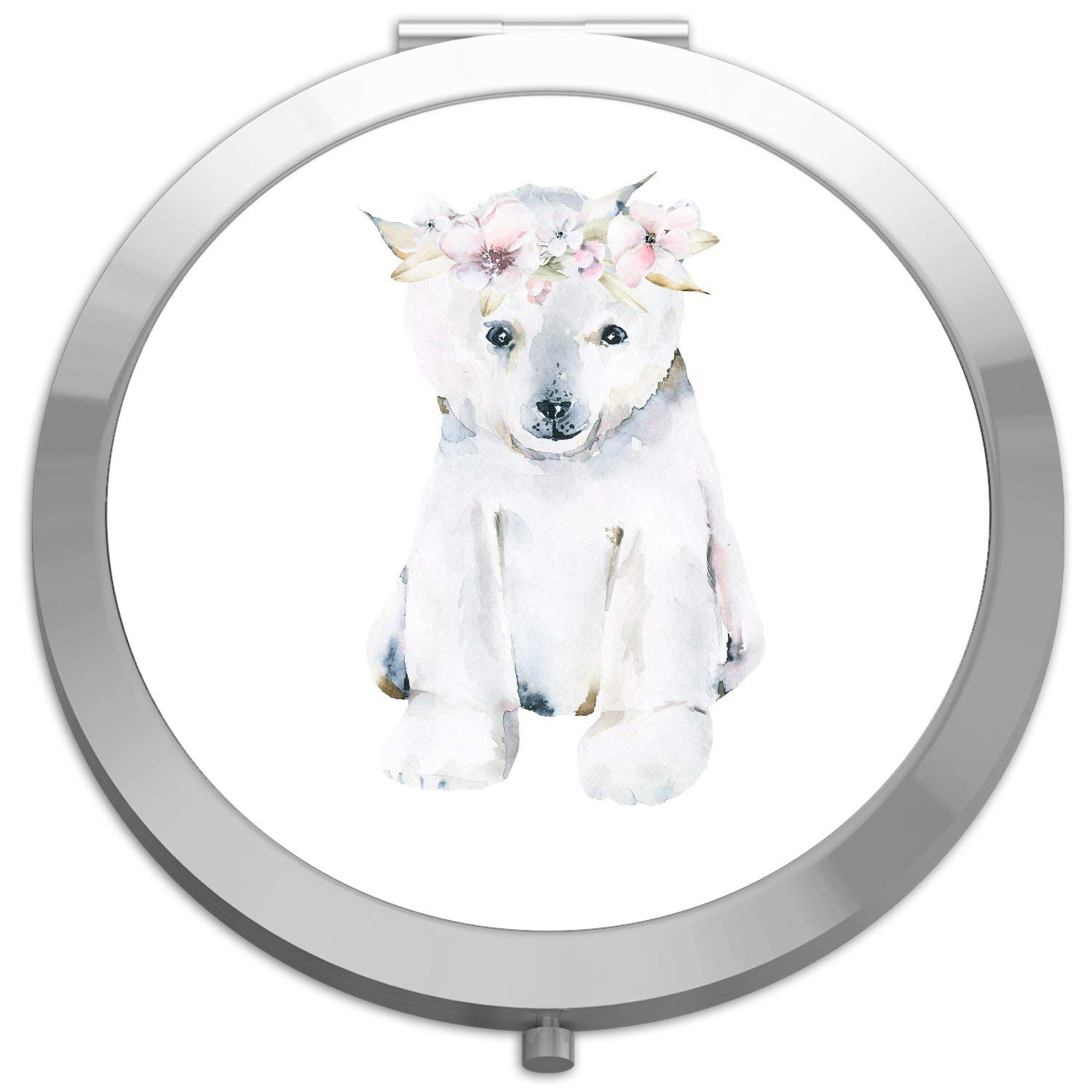 Polar Bear Flower Crown Compact Pocket Mirror - Silver Round Circle Shape for Women, Girls, Gift (Romantic Baby Animals Set) - Perfect for Travel, Makeup, and Everyday Use