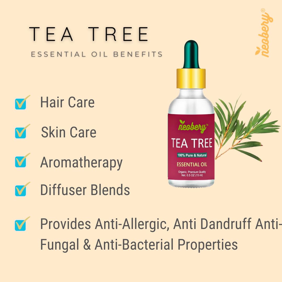 Neobery Tea Tree Essential Oil - 100% Pure, Organic & Natural for Skin, Hair, Face & Dandruff Treatment - 15ml | Perfect for Aromatherapy, DIY Beauty & Scalp Care