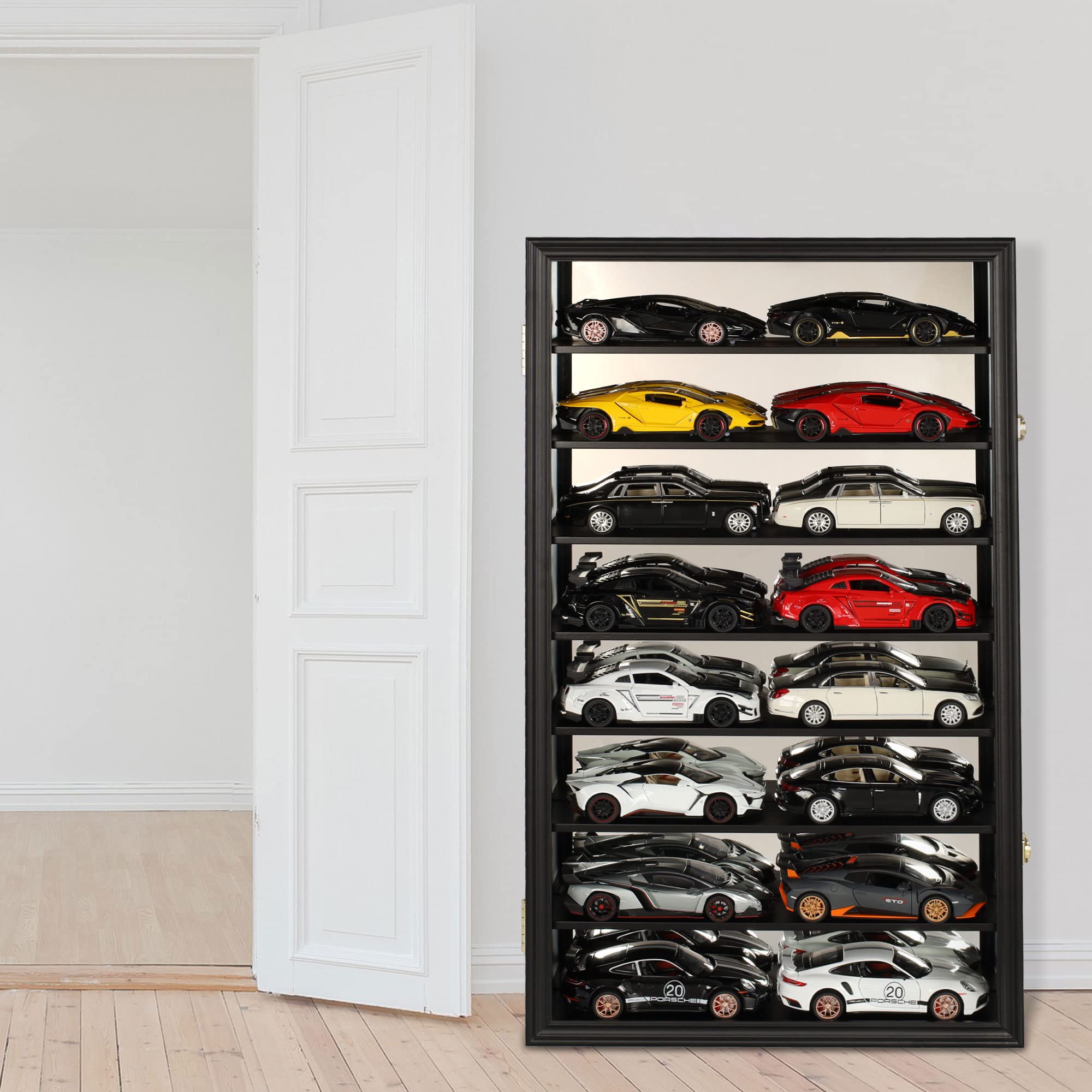 1:24 Scale Large Diecast Toy Cars with Display Case - 16 Car Holder Cabinet Compatible with Hot Wheels, Black Finish - Perfect for Collectors & Kids Playroom Decor
