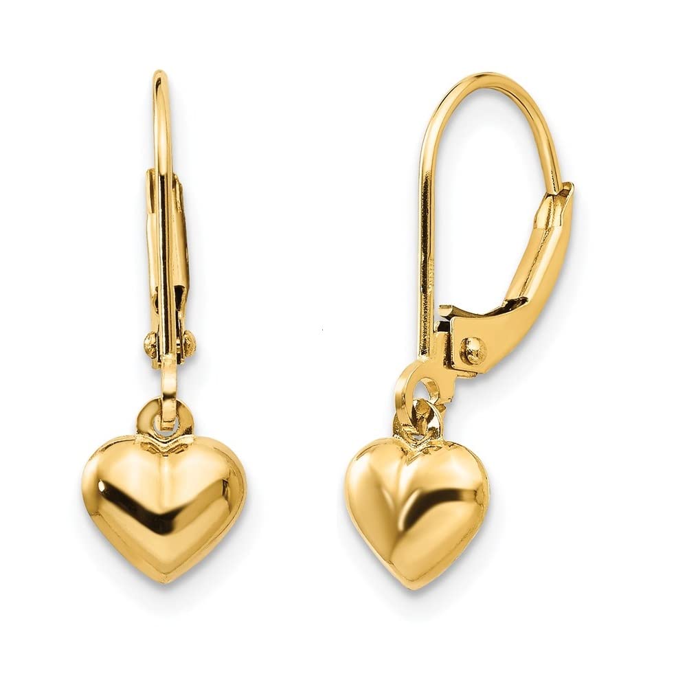 14K Yellow Gold Polished Puffed Heart Leverback Drop Dangle Earrings for Women - Elegant Valentine's Day Gift, Anniversary Jewelry, Wedding Party Accessories