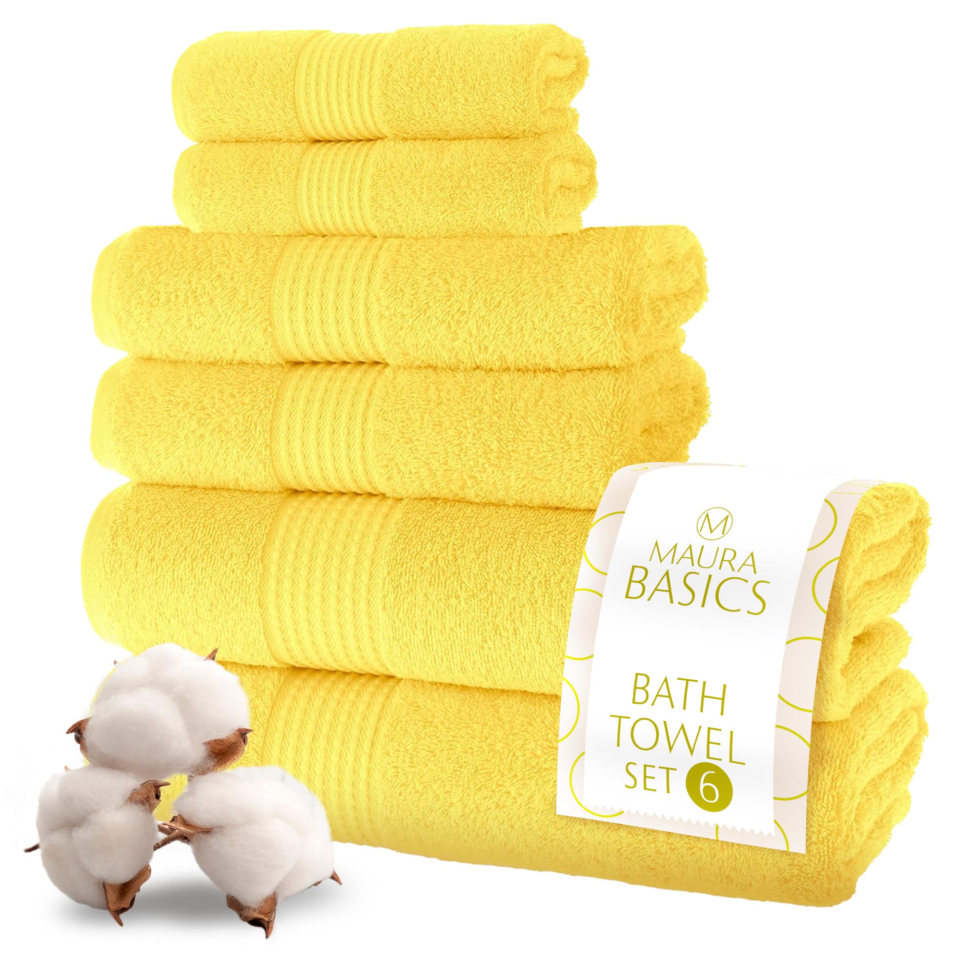 MAURA 6-Piece Bath Towel Set - 2 Bath Towels, 2 Hand Towels & 2 Washcloths | Soft, Absorbent & Durable Cotton Towels with Hanging Loops | Perfect for Bathroom, Spa, Gym & Beach (Yellow)
