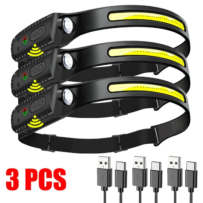 USB Rechargeable LED Sensor Headlamp - XPE+COB Bright Headlight with Motion Detection, Adjustable Head Torch for Camping, Hiking, Fishing & Outdoor Activities | Waterproof Flashlight for Night Work & Emergency Use
