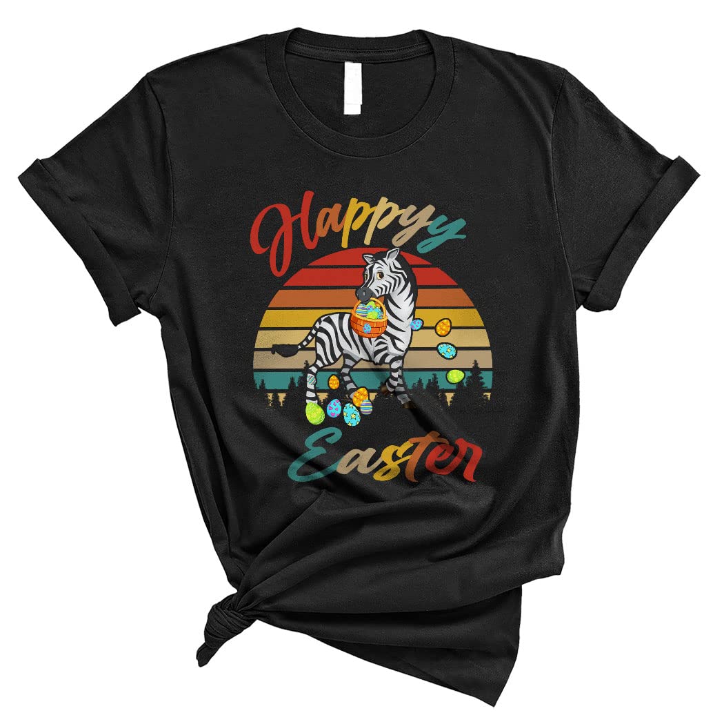Vintage Retro Happy Easter Cute Bunny Zebra Easter Eggs Hunting Basket T-Shirt for Men & Women - Perfect for Easter Celebrations, Egg Hunts, and Spring Festivals