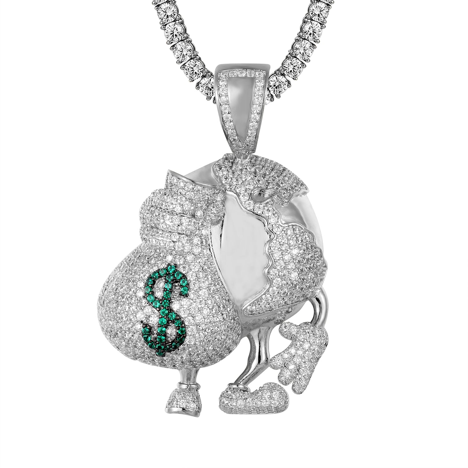 Custom Silver Bling World Globe Pendant with Dollar Money Bag Charm - Trendy Hip Hop Jewelry for Men & Women | Perfect for Rappers, Gifts & Streetwear Fashion