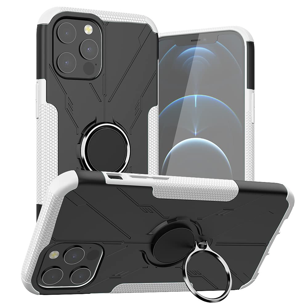 Ankoe iPhone 12 Pro Max Case 6.7 Inch - Heavy Duty Hybrid Slim Rugged Protective Cover with 360 Ring Holder & Kickstand | Shockproof, Anti-Scratch, Soft Microfiber Lining | Perfect for Car Mount, Outdoor Activities & Daily Protection (White)