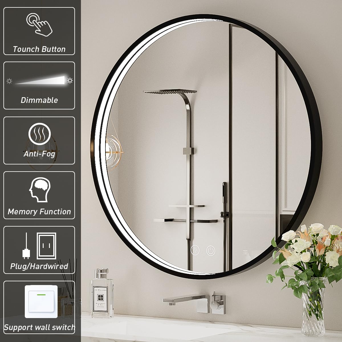 24 Inch Round LED Bathroom Mirror with Anti-Fog & Dimmable Touch Switch - Black Metal Frame Vanity Mirror, Waterproof IP54, 90+ CRI - Perfect for Makeup, Shaving & Home Decor