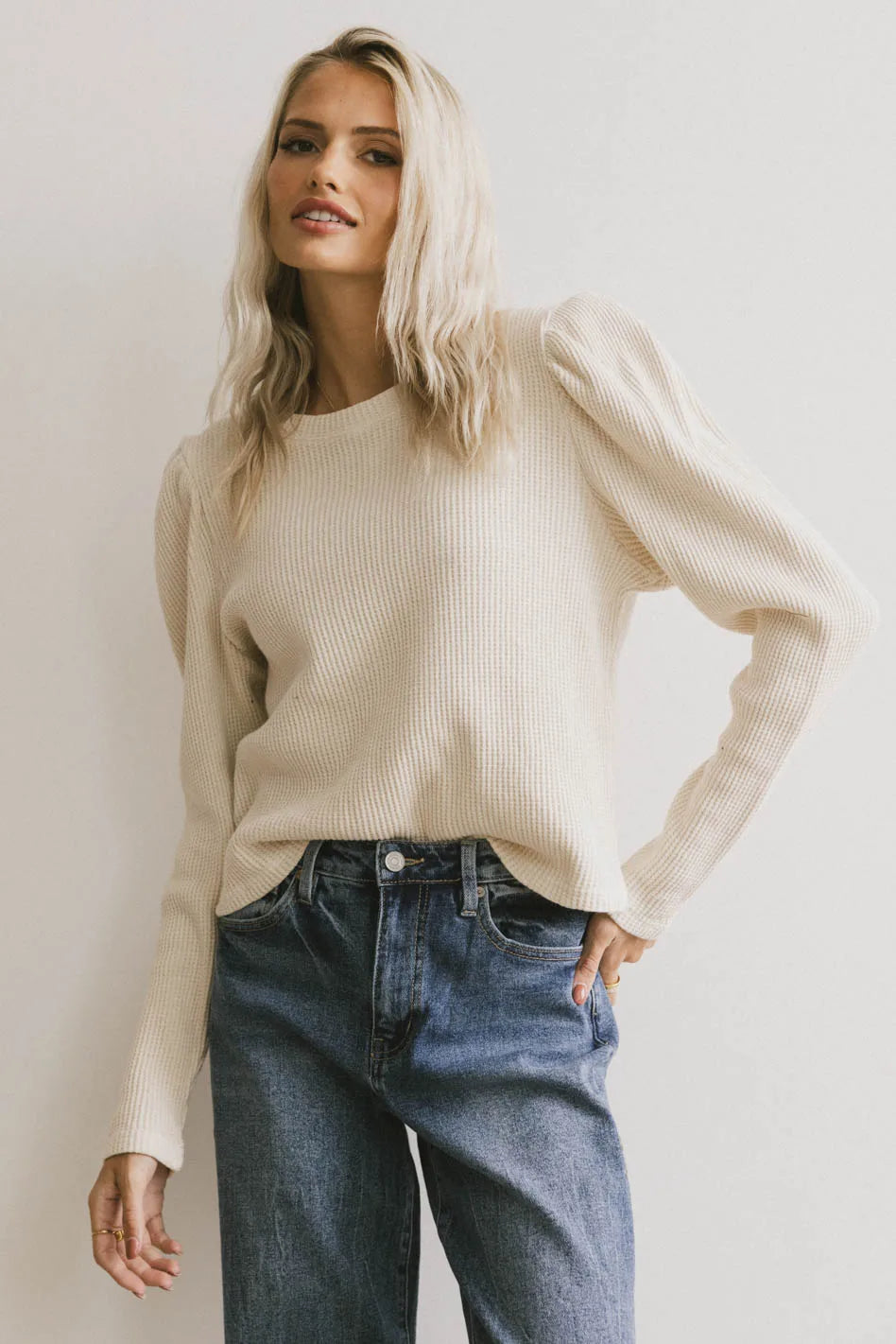 Kelcey Waffle Knit Top Women's Cream Long Sleeve Shirt - Soft Cotton Blend Pullover for Fall & Winter - Casual Outfit for Work, Date Night, and Weekend Brunch