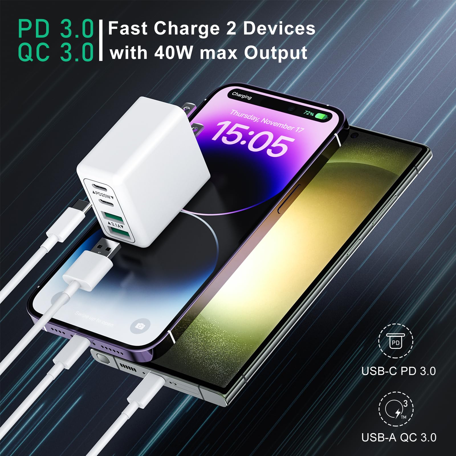40W 4-Port USB C Fast Charger Block with QC+PD3.0 - Agtray Compact Wall Charger Power Adapter for iPhone 16/15/14/13/12 Pro Max, Galaxy S24/S23 - Perfect for Travel, Home & Office Fast Charging Needs