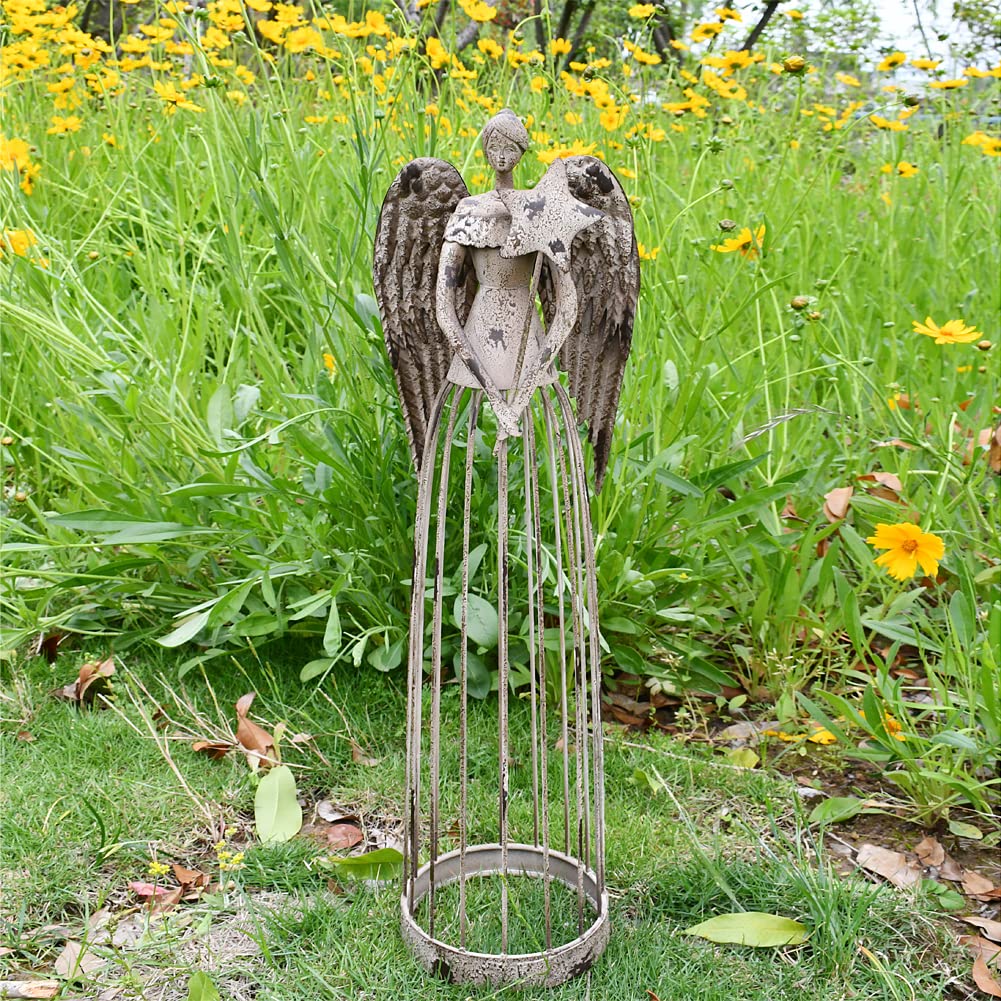 Linfevisi Rustic Metal Garden Angel Statue Decor - 2 Pack Antique Outdoor Yard Art (Star & Heart Design) for Home, Garden, Patio - Perfect Housewarming Gift & Heavenly Decor for Outdoor Spaces
