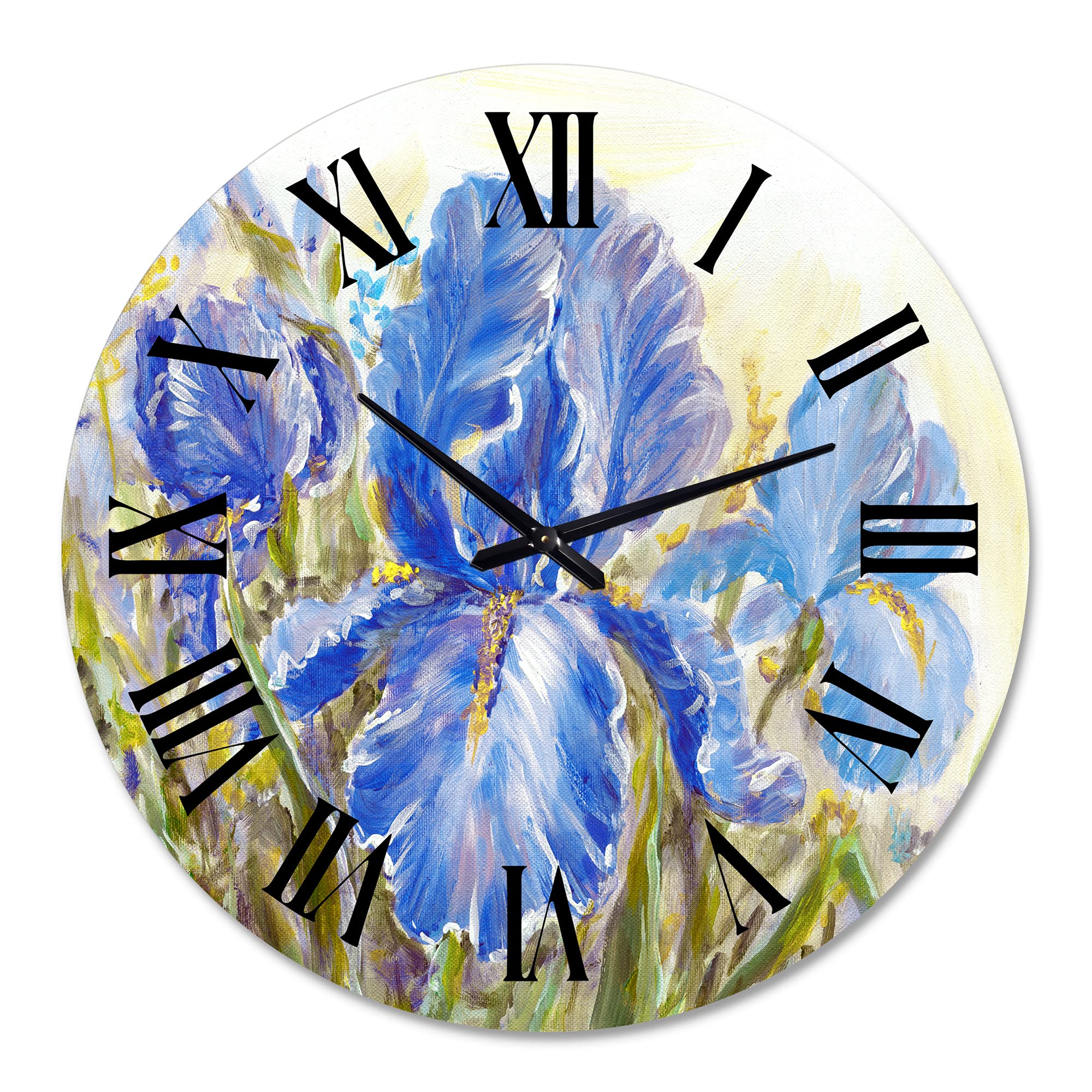 DesignQ Traditional Wall Clock 'Irises Blossoming Flowers' - Large Floral & Botanical Wall Clock for Home Decor - Perfect for Living Room, Bedroom, Office & Kitchen