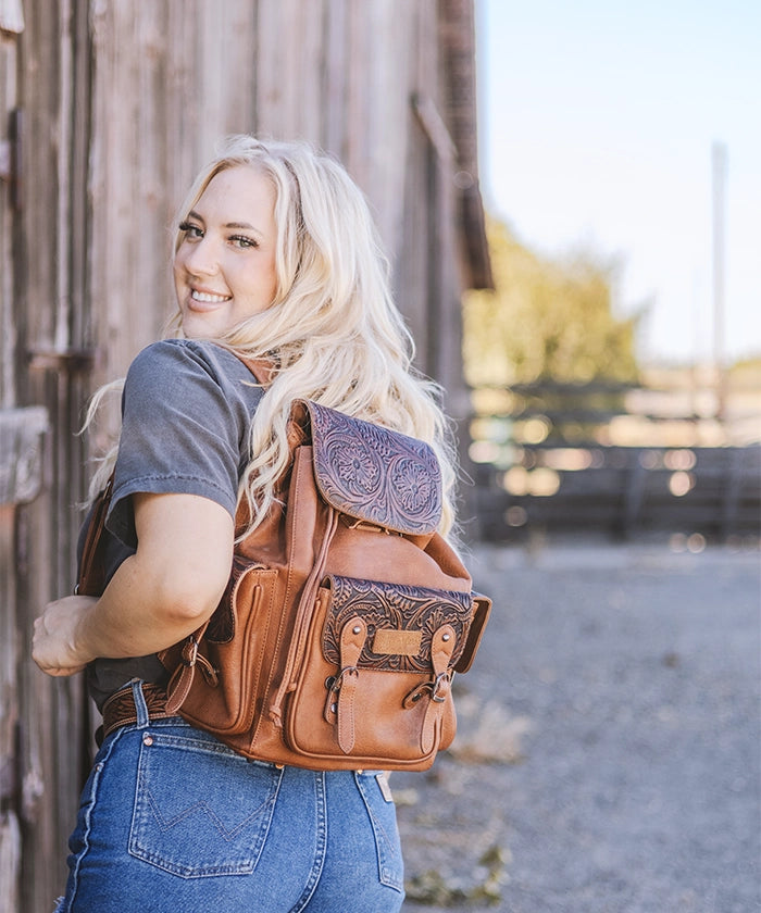 Wrangler Floral Tooled Concealed Carry Backpack for Women & Men - Tactical EDC Hiking Daypack with Hidden Gun Pocket - Perfect for Outdoor Adventures, Travel & Everyday Use