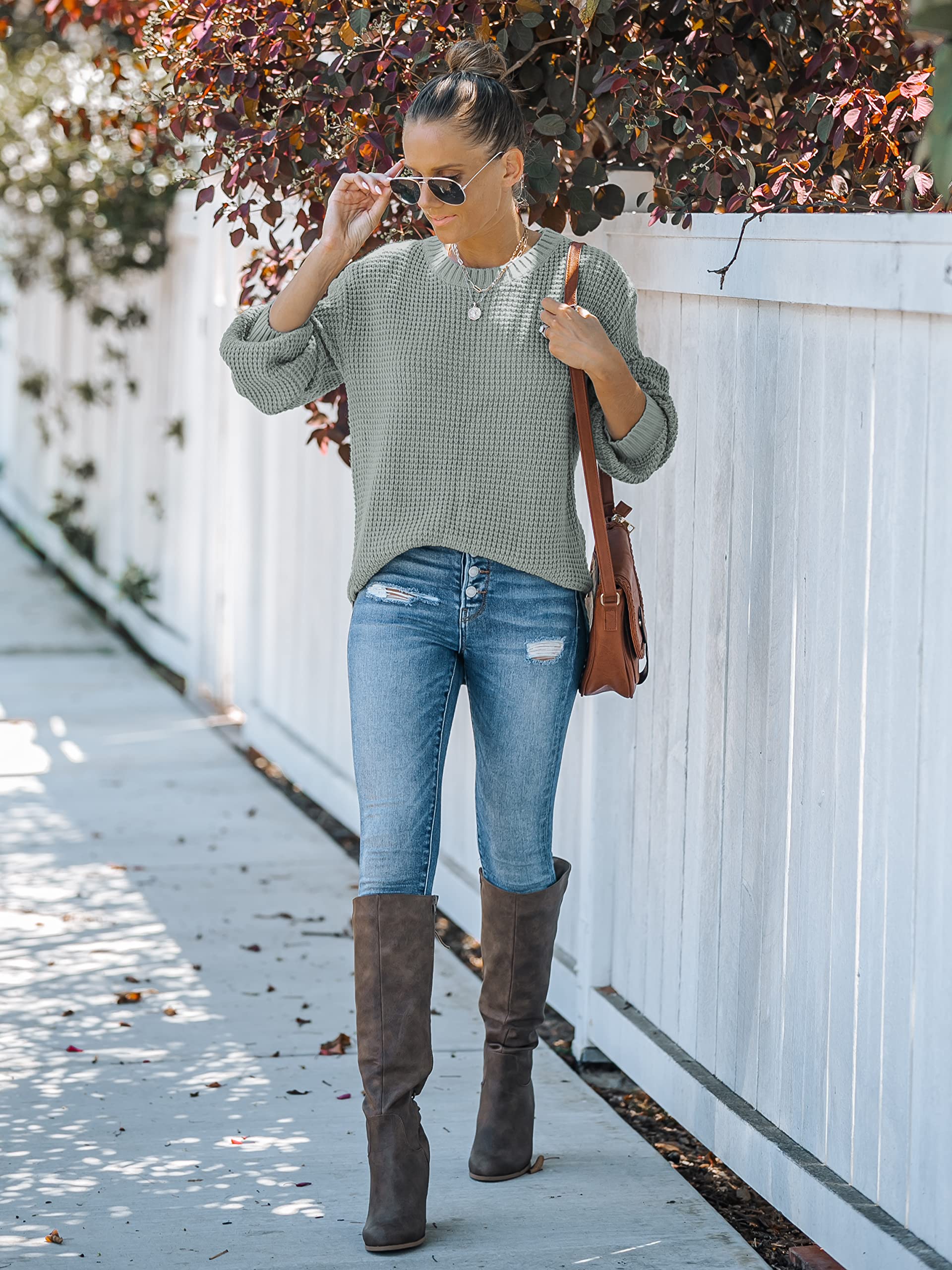 MEROKEETY Women's 2024 Fall Waffle Knit Sweater - Long Balloon Sleeve Loose Pullover Jumper for Casual Outfits | Perfect for Autumn Layering, Coffee Dates & Weekend Outings