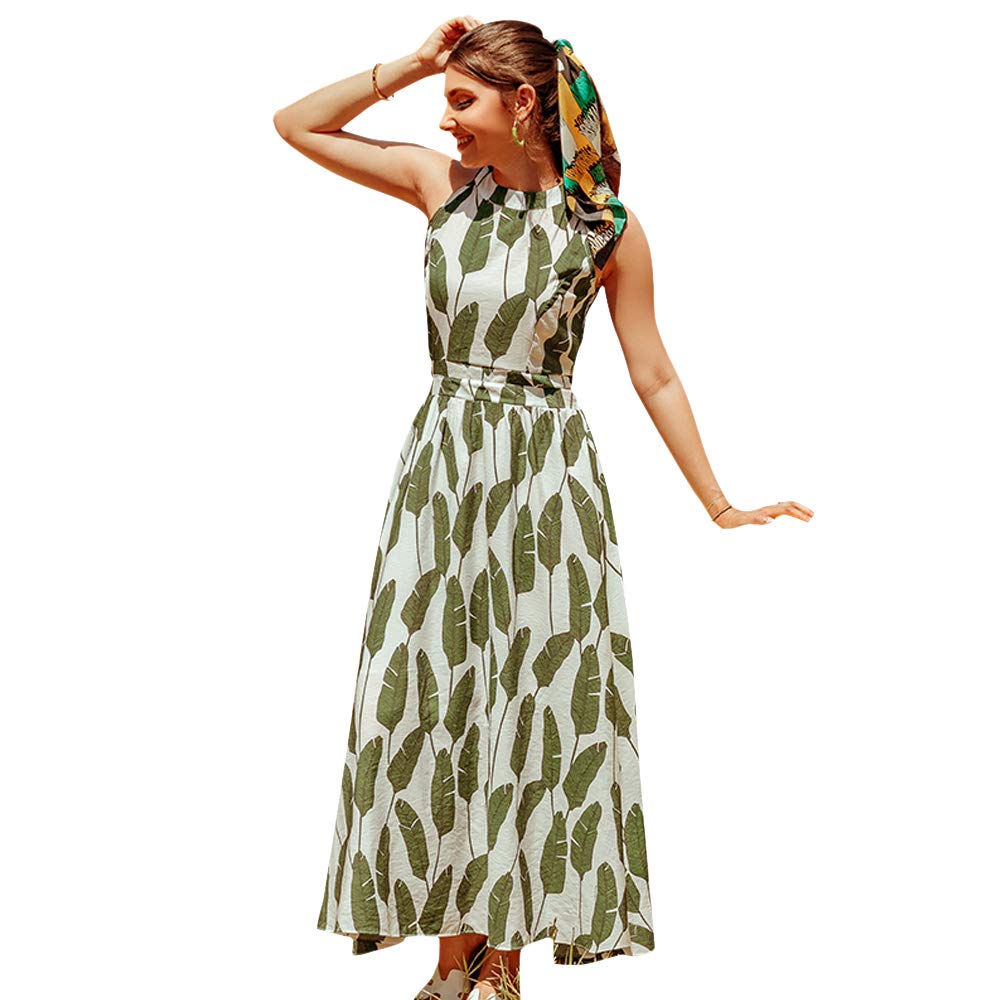 Chicwish Women's Summer Floral Print Halter Neck Sleeveless Maxi Dress - Palm Green Leaf & Pink Floral Design for Beach Party, Vacation & Special Occasions