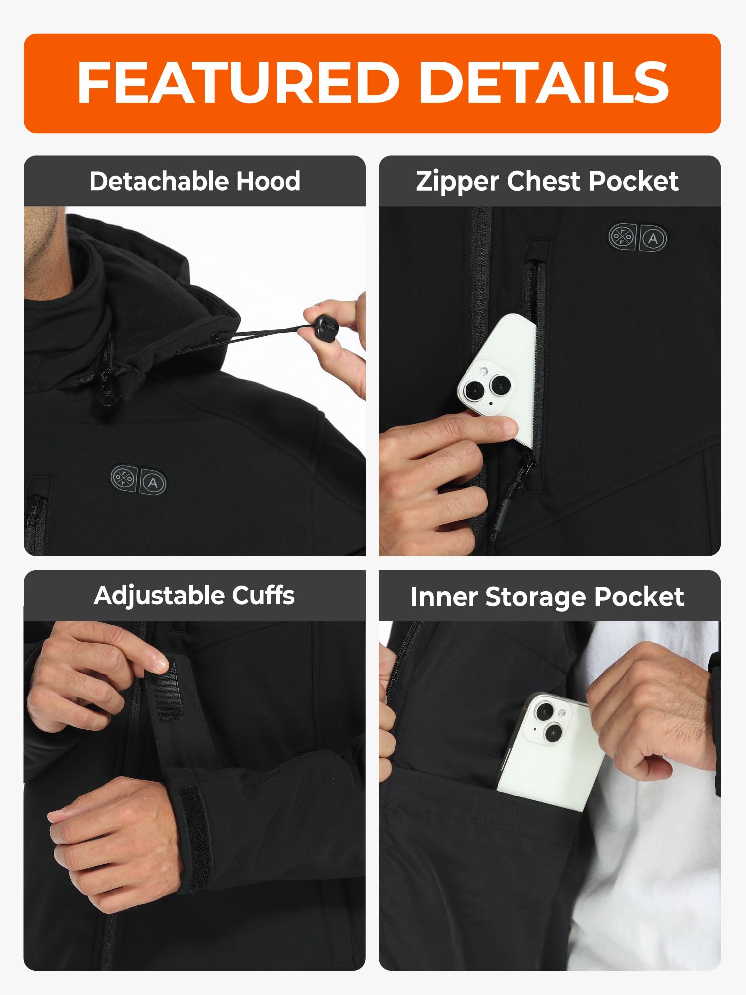 ORORO Men's 5-Zone Heated Jacket with Dual Temperature Control - Battery Powered Winter Heated Coat for Outdoor Work, Skiing & Cold Weather Activities (Charger Not Included)