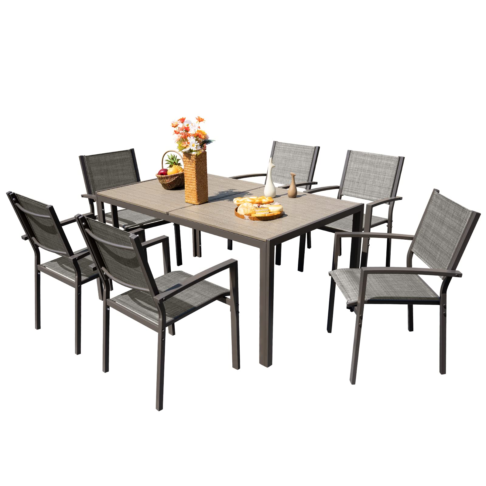 Devoko 7-Piece Outdoor Patio Dining Set - Weather-Resistant Grey Table & Chairs for Backyard, Garden, or Poolside Relaxation