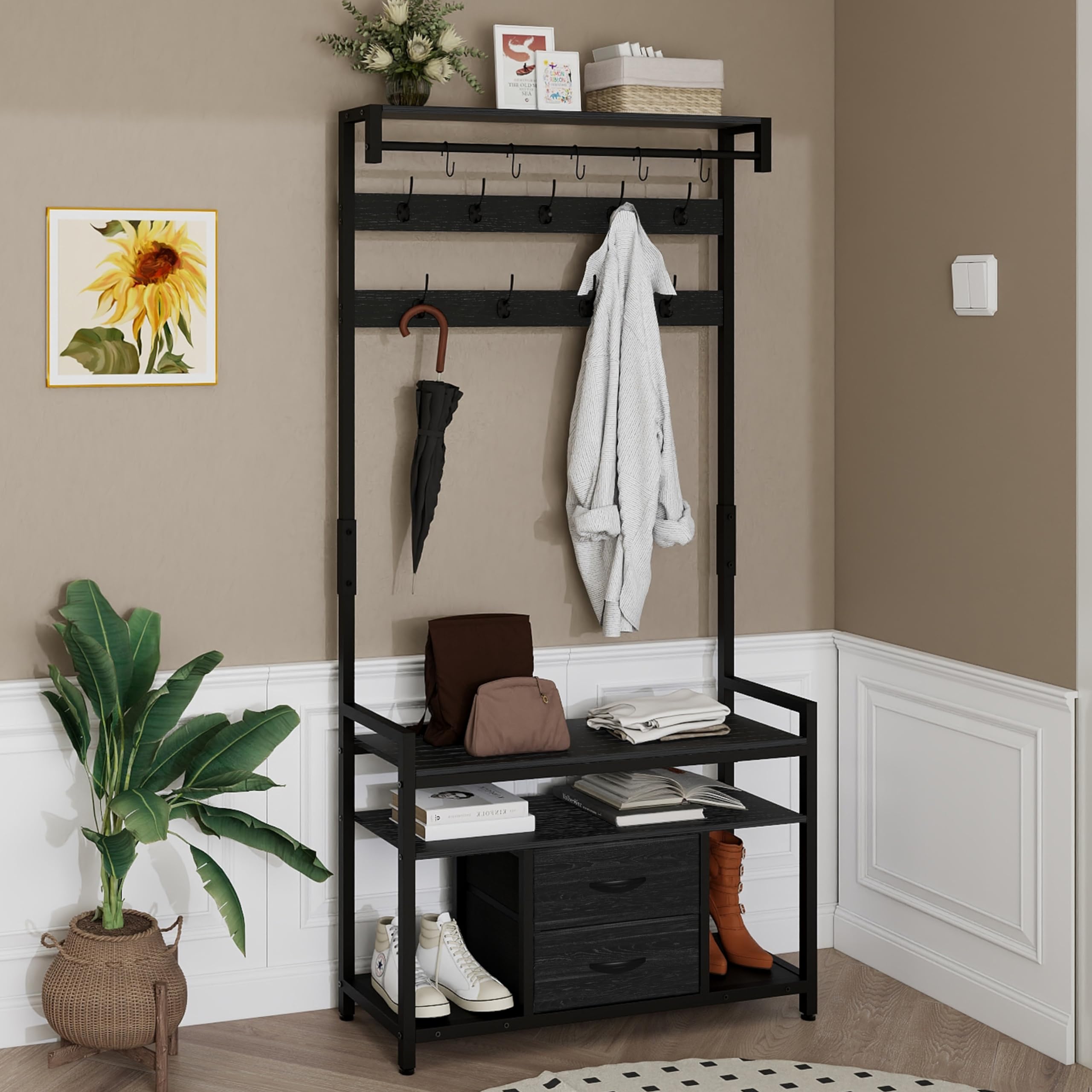 Freestanding Entryway Hall Tree with Shoe Storage Bench, Coat Rack, 2 Fabric Drawers & 3 Shelves - 14 Hooks for Jackets & Accessories - Perfect for Hallway, Living Room, Bedroom & Entry Organization - Black