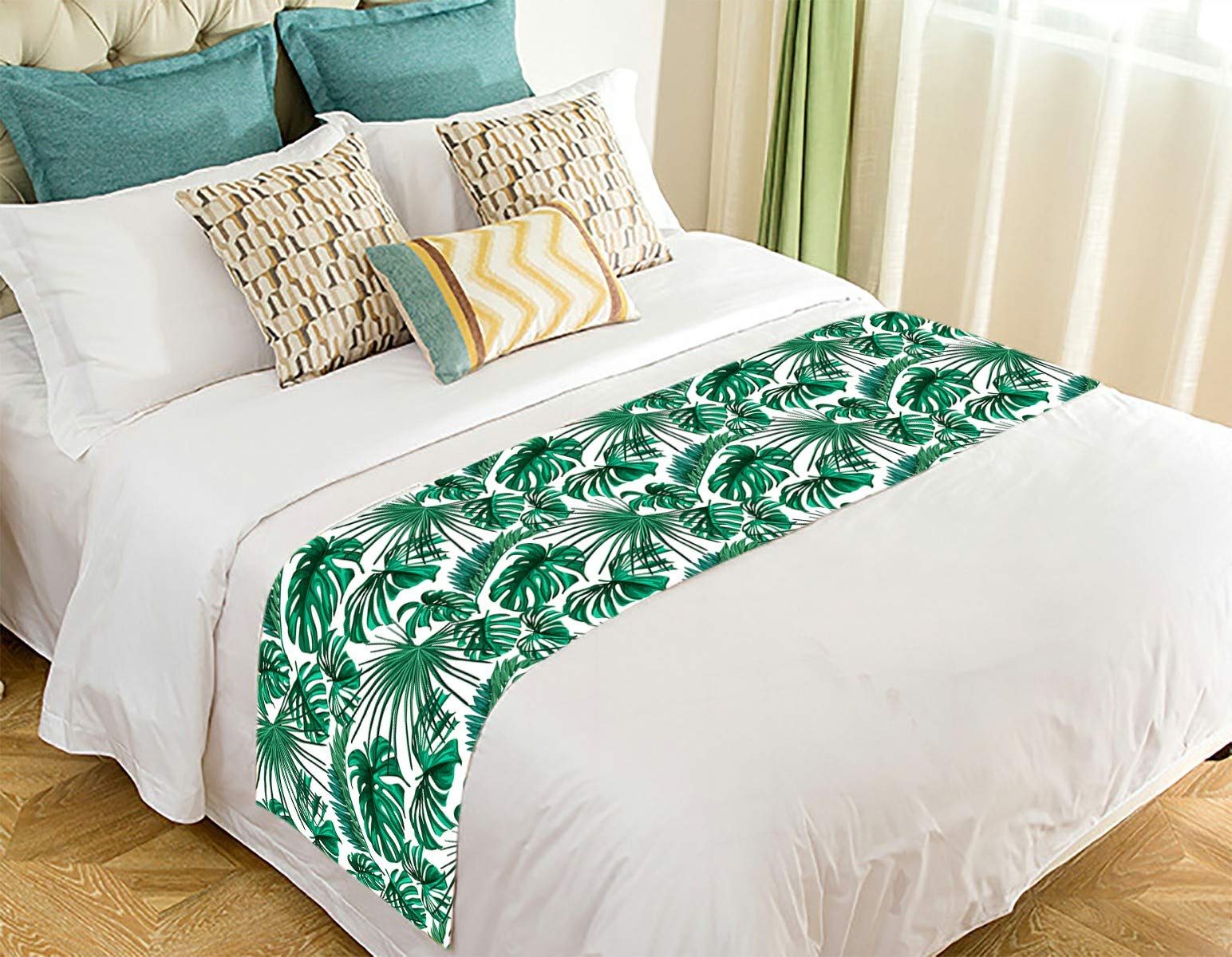 Tropical Palm Leaves Bed Runner - 20x95 Inch Decorative Bed Scarf for Queen & King Size Beds | Beach Theme Bedroom Decor | Perfect for Boho, Coastal & Vacation Home Styling
