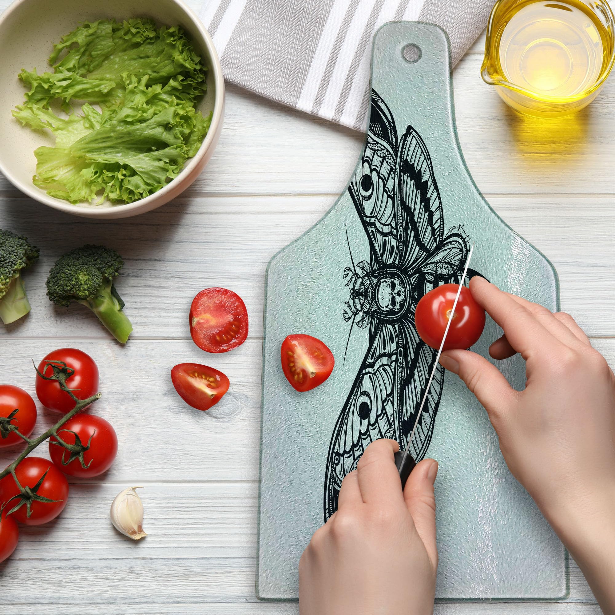 Gothic Grunge Skull Cutting Board - Dead Moth with Skull Face Design, Tempered Glass Serving Board for Cheese, Charcuterie & Wine, Black & White Wine Bottle Shape - Perfect for Halloween Parties, Gothic Home Decor & Unique Gift Ideas