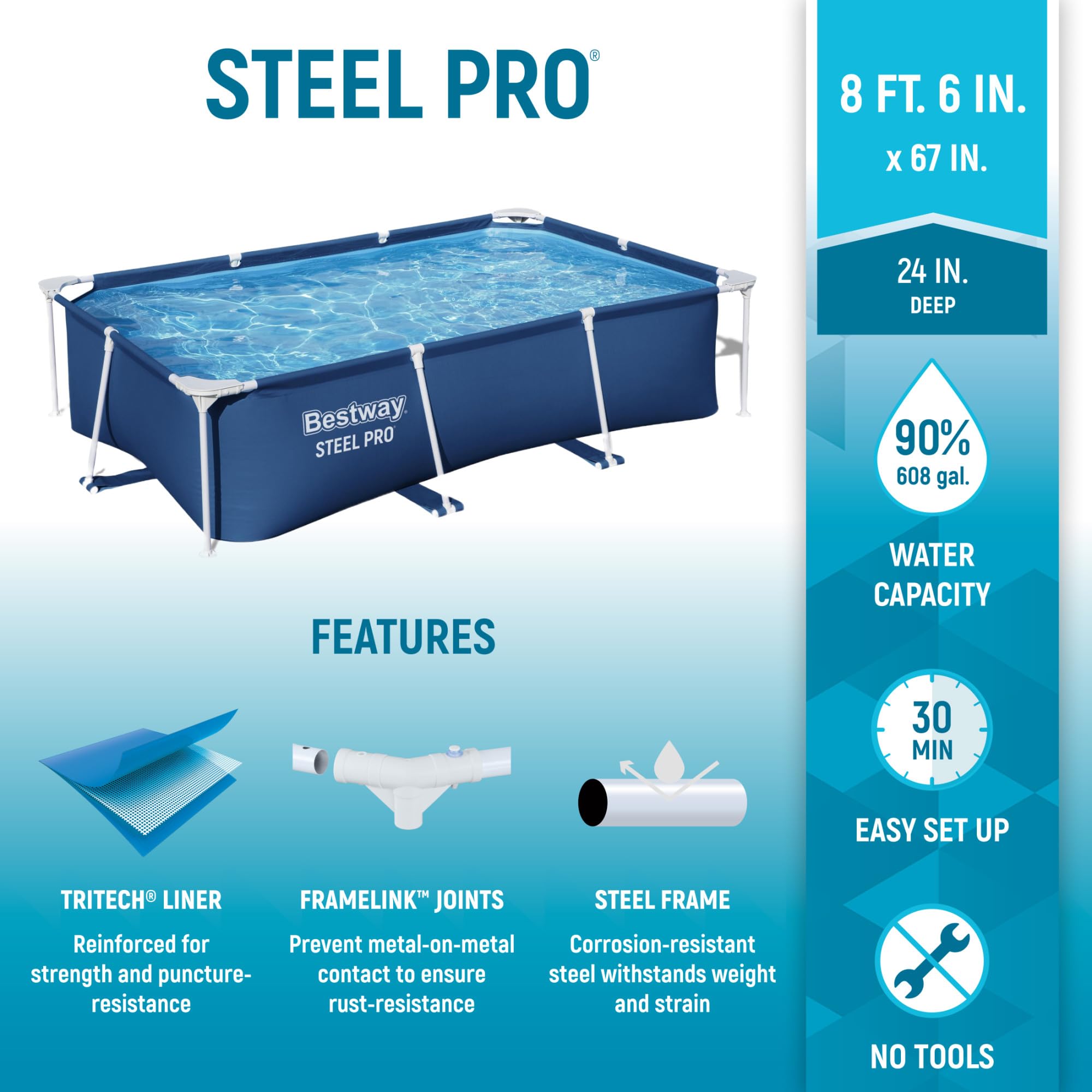 Bestway Steel Pro 8.5ft x 67in x 24in Rectangular Above Ground Swimming Pool with Steel Frame | Outdoor Backyard Pool for Adults & Kids | Durable Blue Design (Pool Only) - Perfect for Summer Parties, Family Fun & Backyard Relaxation
