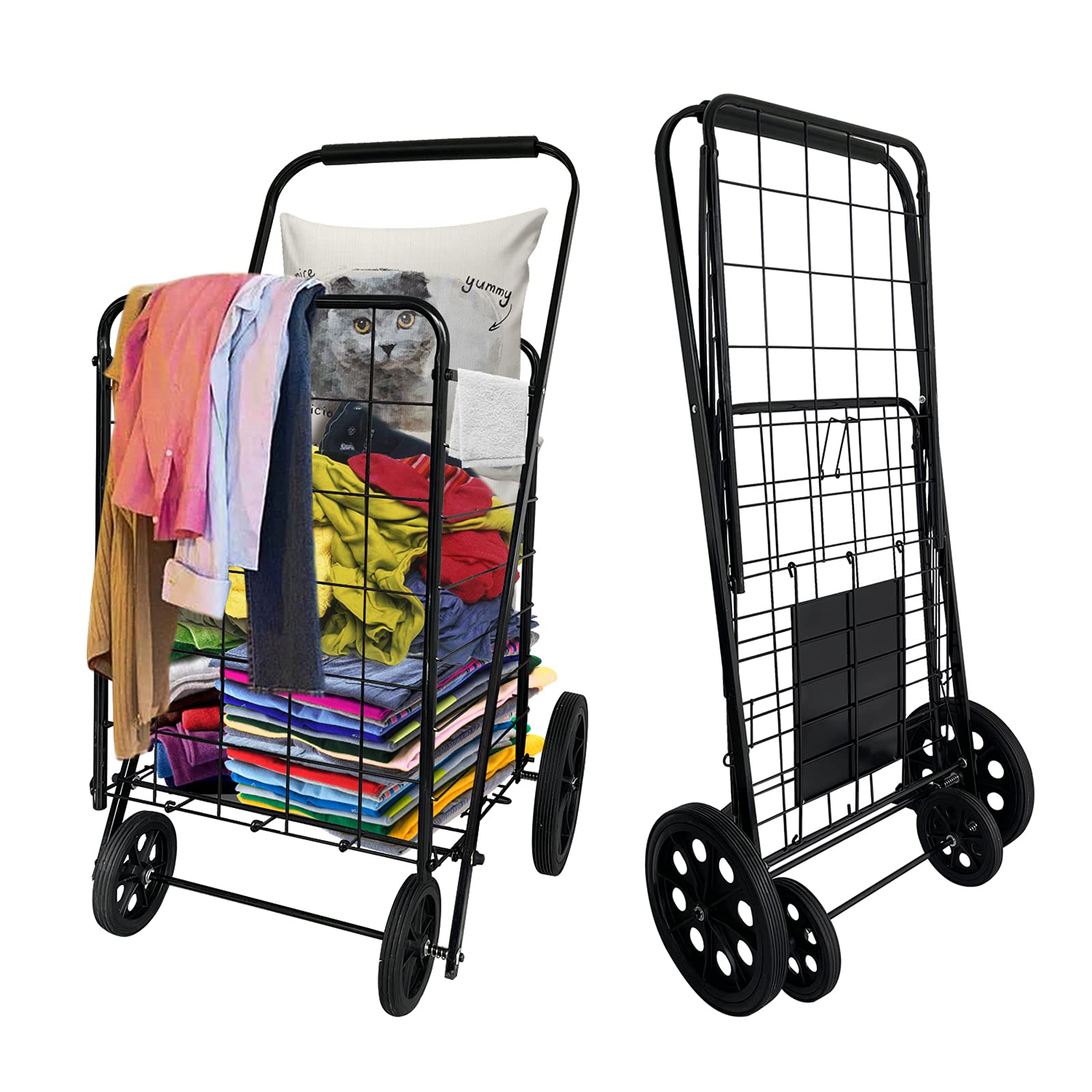 Heavy Duty Metal Folding Grocery Cart with Large Capacity - Upgraded Rubber Wheels for Stability & Durability - 50KG Load Bearing - Convenient Lightweight Shopping Cart for Supermarket, Farmers Market & Home Use (Black)