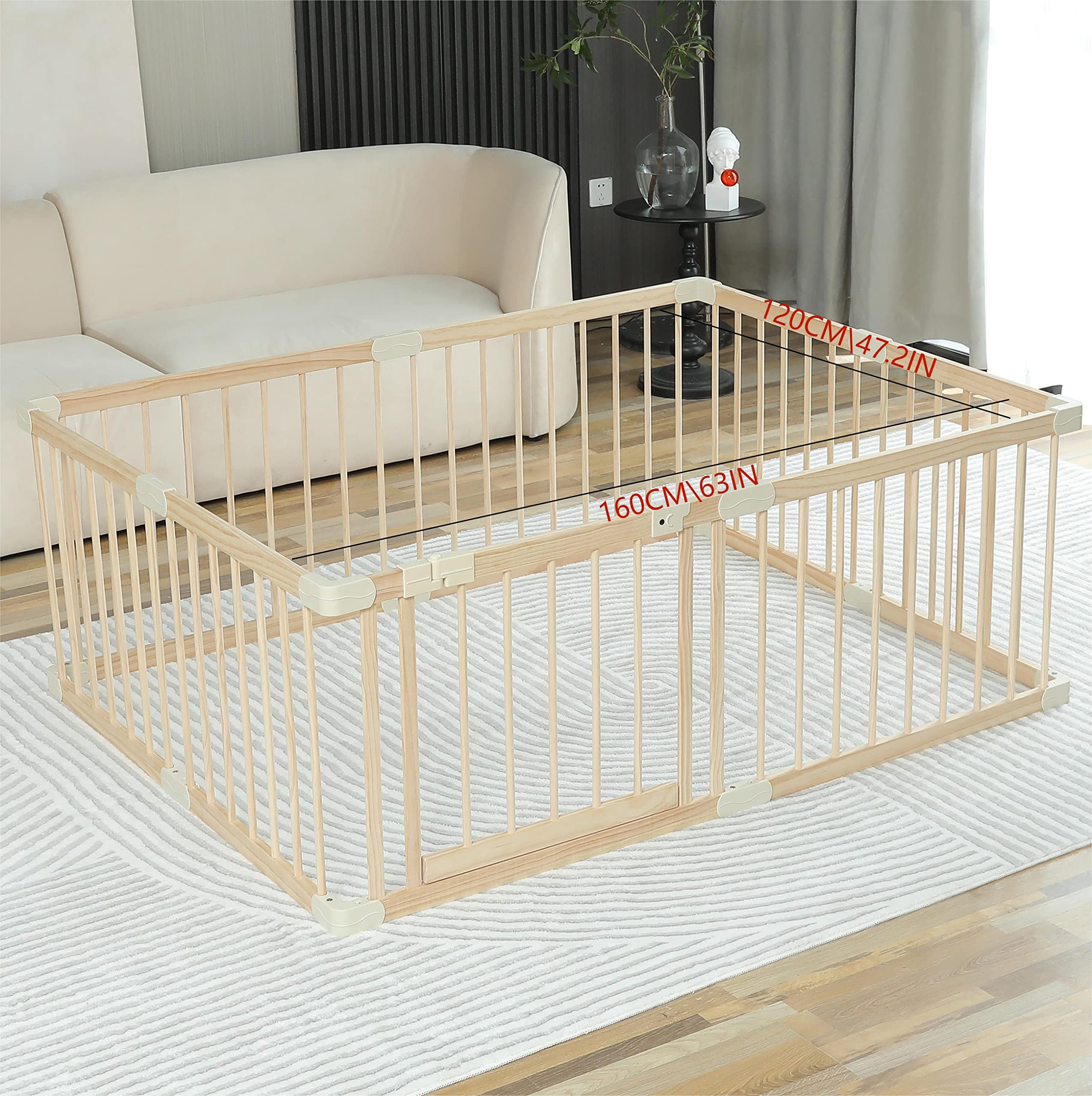 Conababy Large Wooden Baby Playpen - 120x160x61cm Safe Play Yard for Toddlers & Kids | Indoor Play Fence Gate for Daycare, Gym Area & Home Use