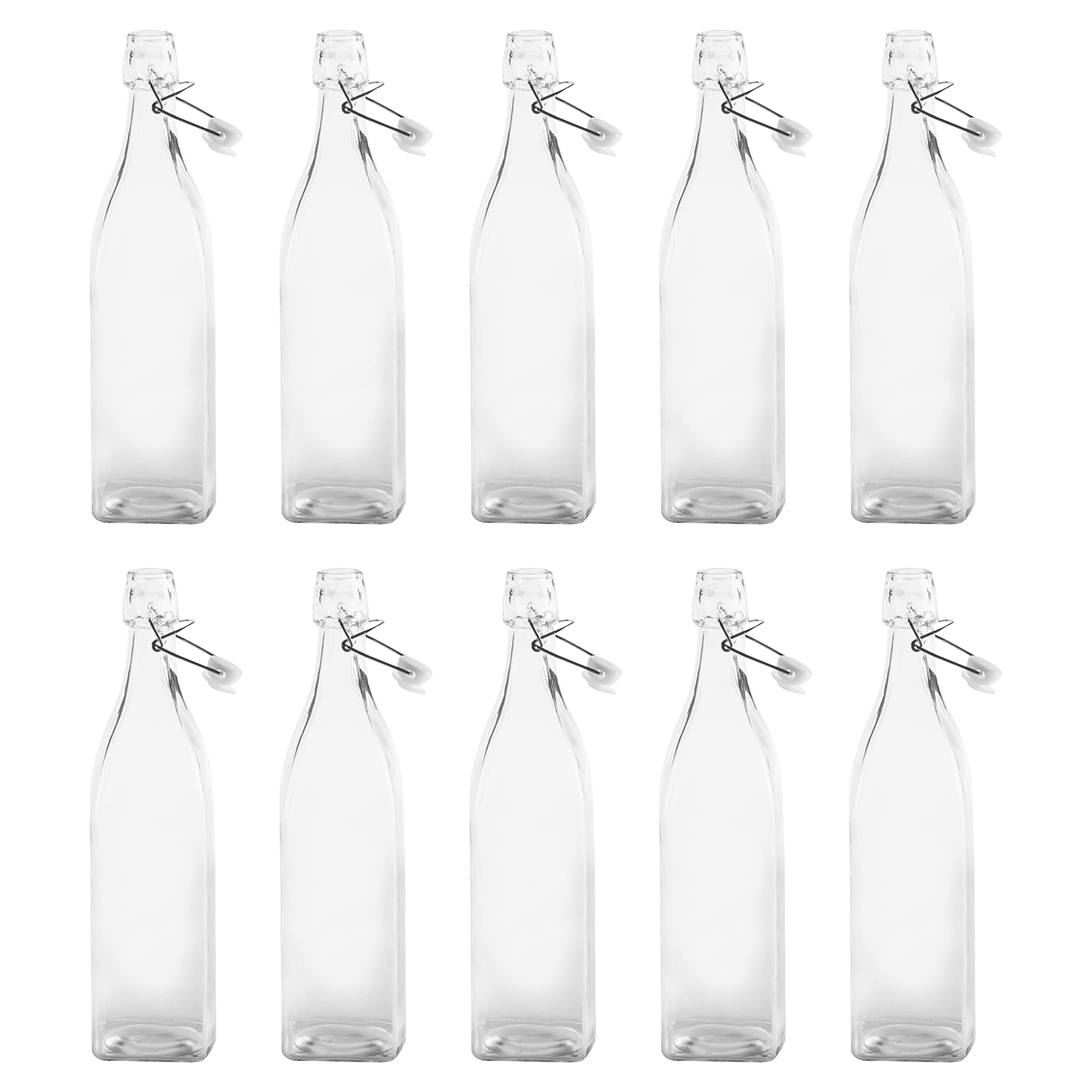 34 oz Square Glass Water Carafe Bottles with Wire Lids - Set of 10 Bulk Pack for Juices, Smoothies, Milk & Condiments - Clear Glass Pitchers for Restaurants, Cafes, Catering & Home Use