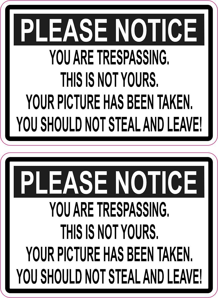 Trespassing Warning Vinyl Stickers - 2 Pack (3x2 Inches) | Durable Outdoor Decals for No Trespassing Signs, Windows, Laptops & Property Security