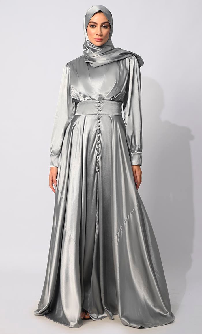 Elegant Grey Satin Flared Abaya with Front Pleating & Decorative Buttons - Modest Islamic Dress for Women, Perfect for Eid, Wedding & Special Occasions