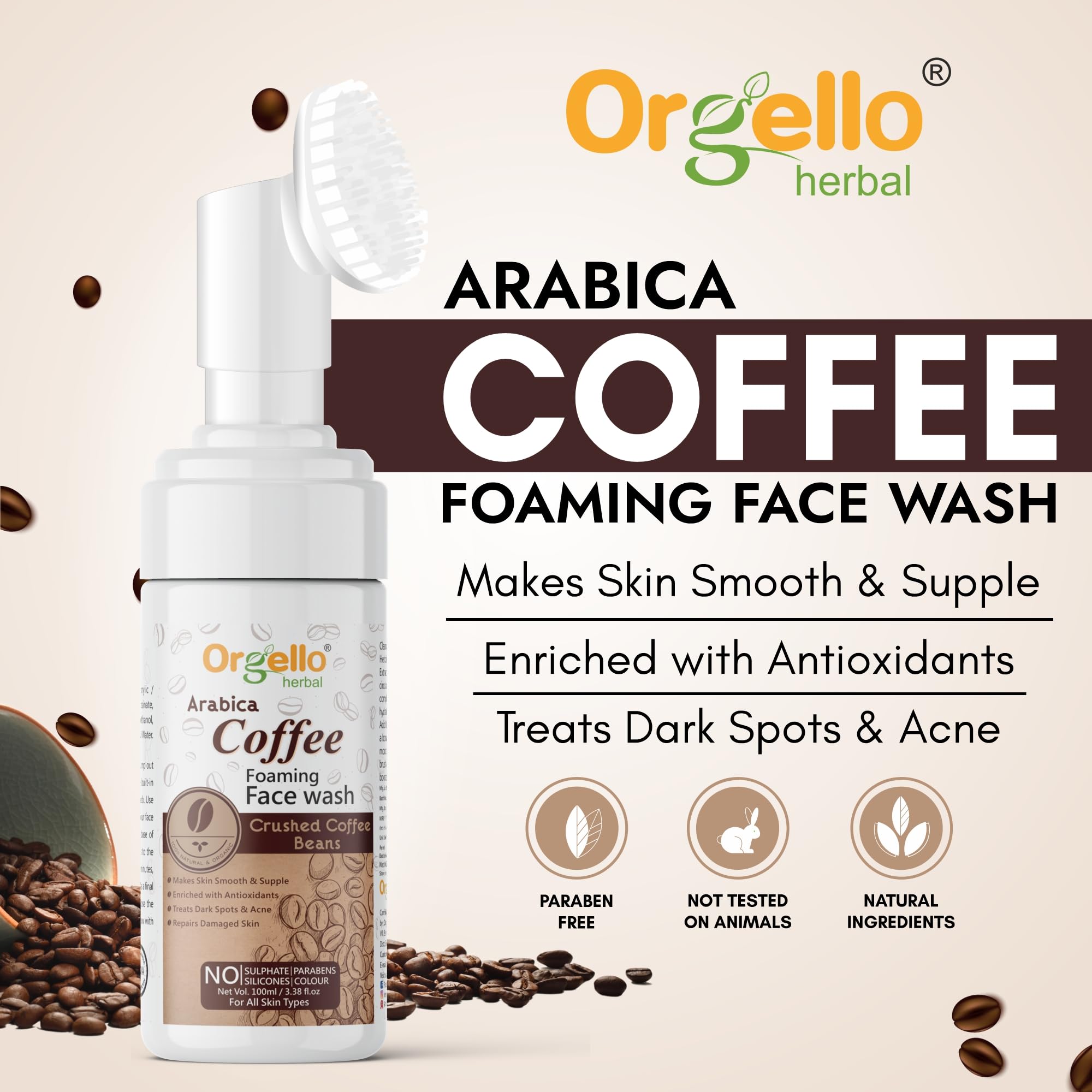 Orgello Arabica Coffee Foaming Face Wash - Sulfate & Paraben Free, Natural Cleanser (100ml) | Gentle Exfoliation for Acne-Prone & Oily Skin | Perfect for Morning Routine & Travel