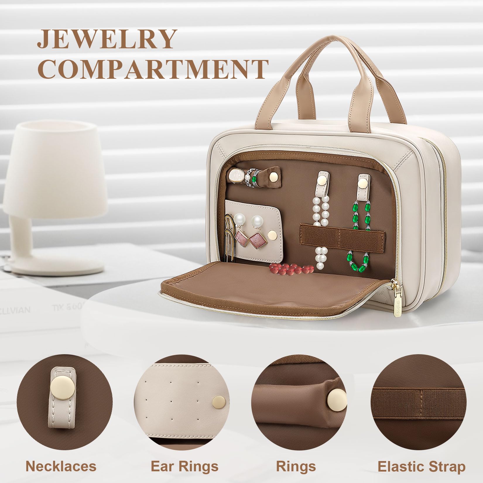 Vegan Leather Cosmetic Travel Bag for Women - Water-Resistant Toiletry Organizer with Multiple Pockets - Perfect for Vacation, Gym & Airplane Essentials (White)