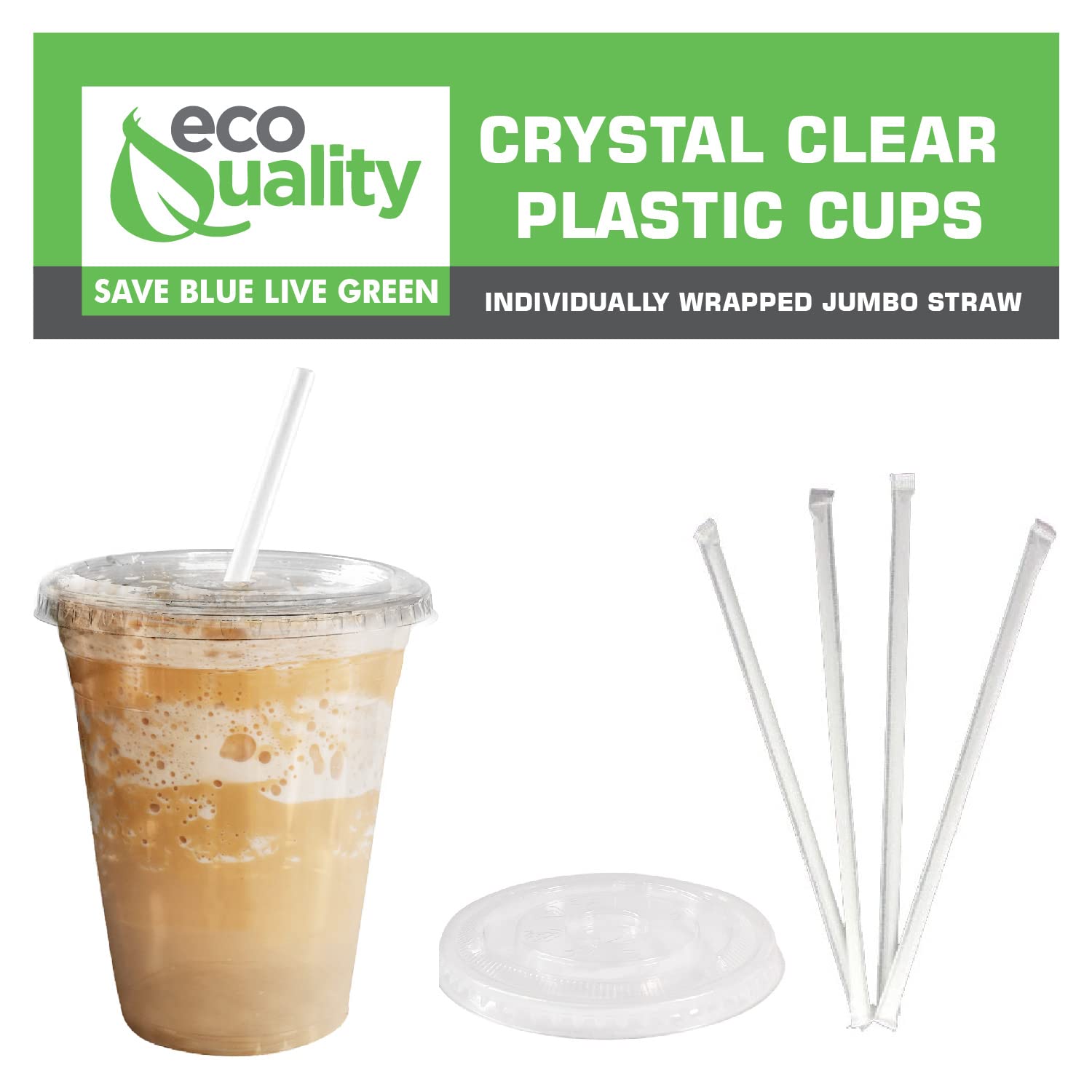 EcoQuality 24oz Clear Plastic Disposable Cups with Lids & Straws - 500 Count PET Party Cups for Smoothies, Protein Shakes, Bubble Tea, Iced Coffee, Boba, Fresh Juice | Meal Prep, Catering, Picnics, BBQs, Office Parties & Home Entertaining
