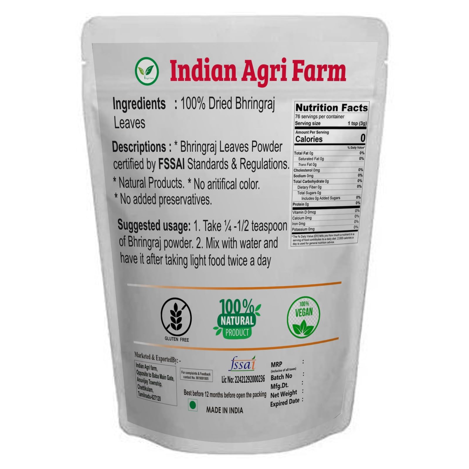 Iagrifarm Bhringraj Powder - 950g | Pure Karisalankanni & Bhringraj Leaves Powder for Hair Growth & Scalp Care | DIY Hair Masks & Ayurvedic Treatments